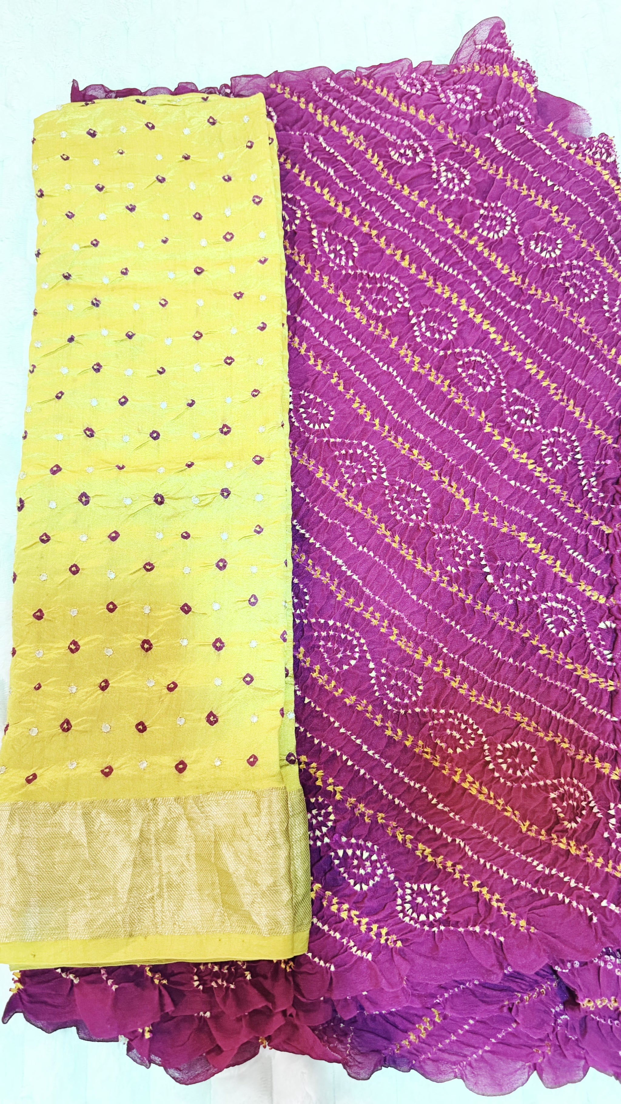Rani Pink Bandhani Saree with Matching Blouse — Mustard Yellow Designer Set