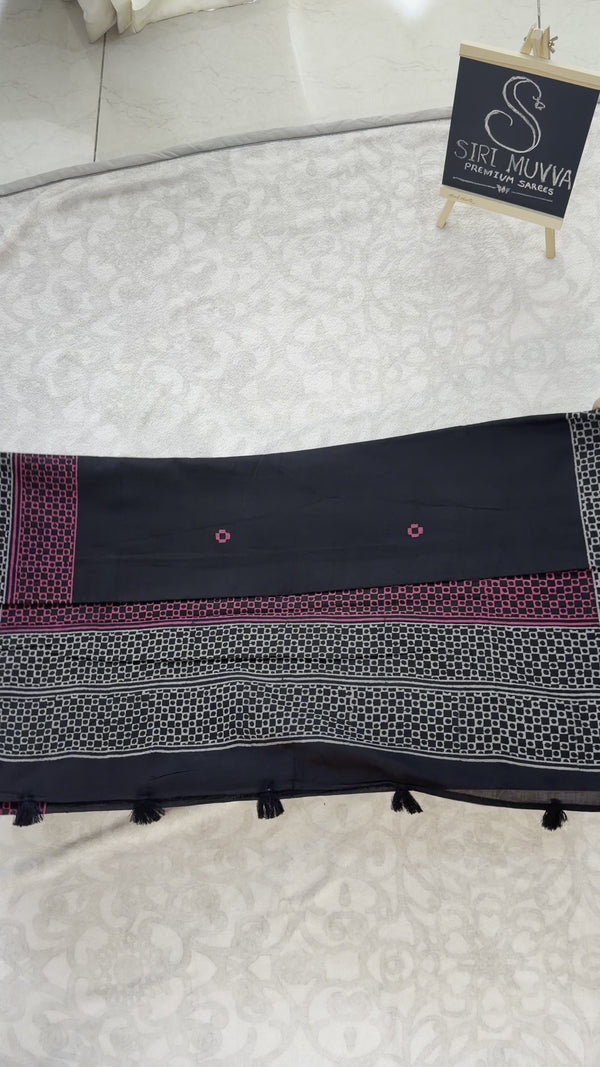 Black Mulmul Cotton Saree — Pink Block-Print Border