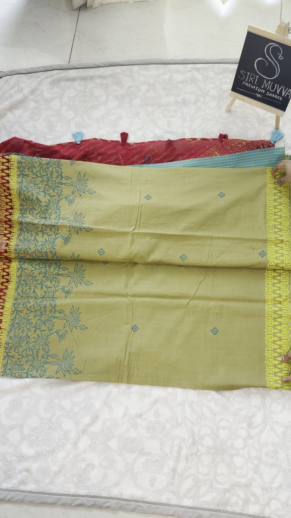 Yellow & Green Mulmul Cotton Saree