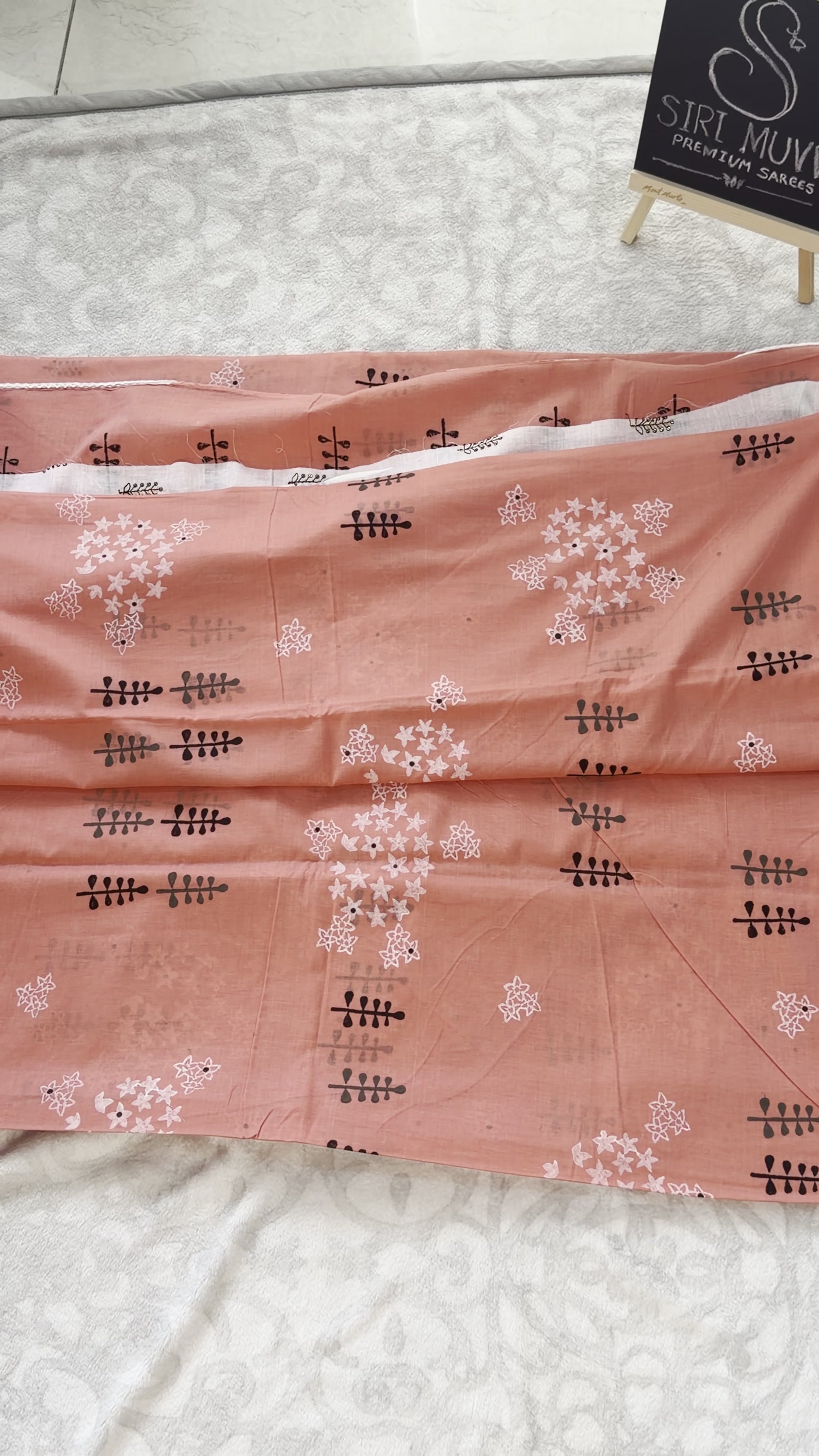Peach Block-Print Mulmul Cotton Saree