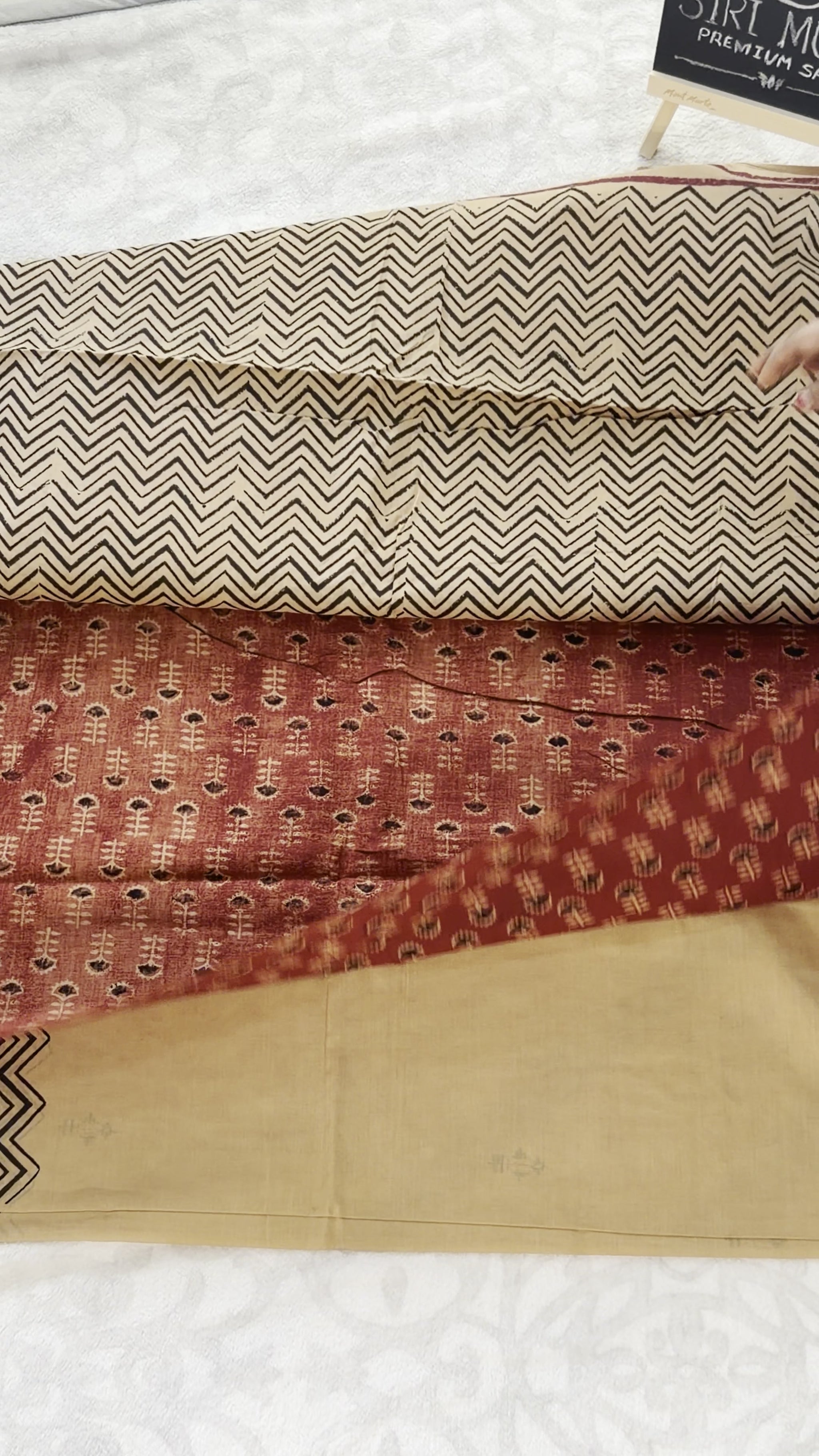 Beige Chevron Block-Print Mulmul Cotton Saree