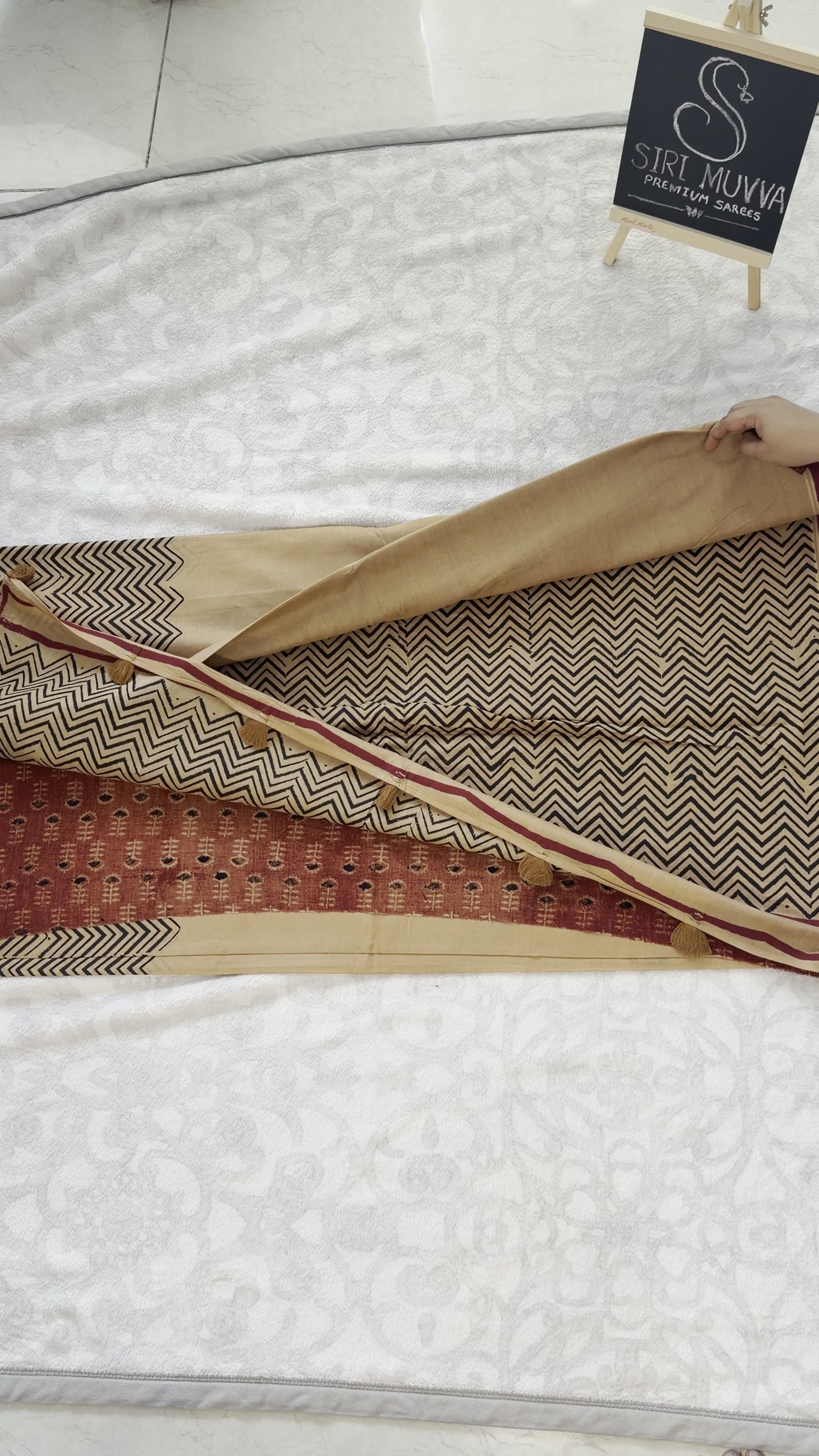 Beige Chevron Block-Print Mulmul Cotton Saree