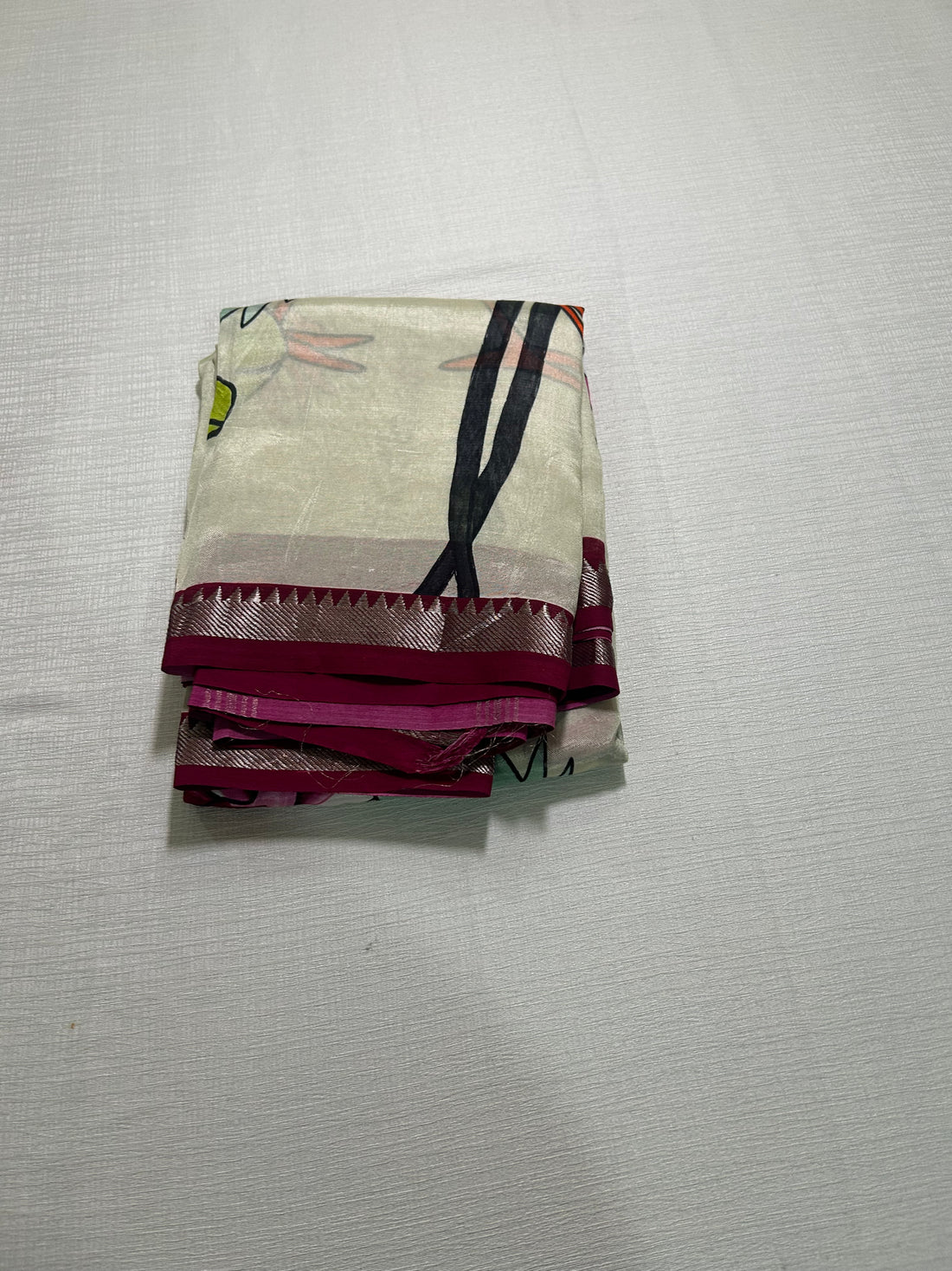 Cream Mangalagiri Saree — Kalamkari Crane Digital Print