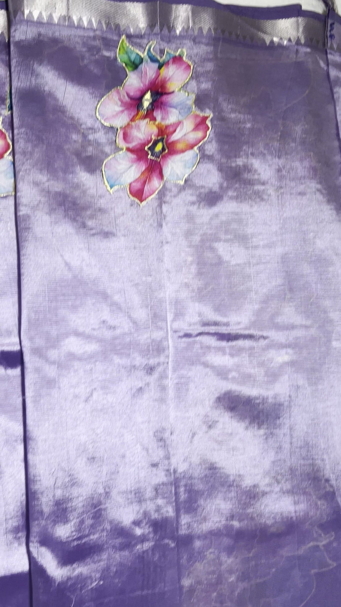 Lavender Mangalagiri Pattu Saree — Floral Applique Work