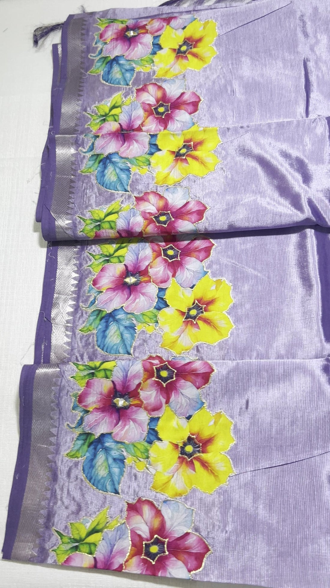 Lavender Mangalagiri Pattu Saree — Floral Applique Work