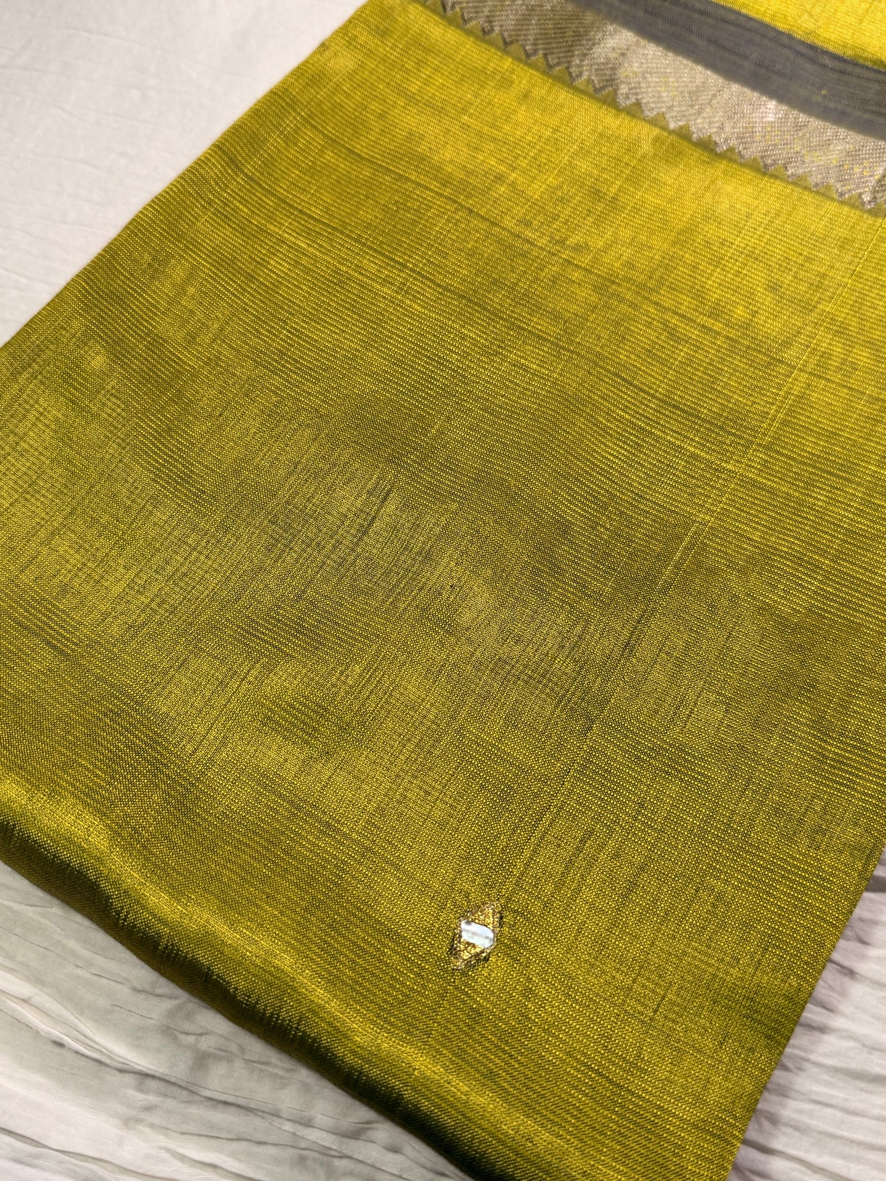 Lime Green Mangalagiri Pattu Saree — Floral Applique Work