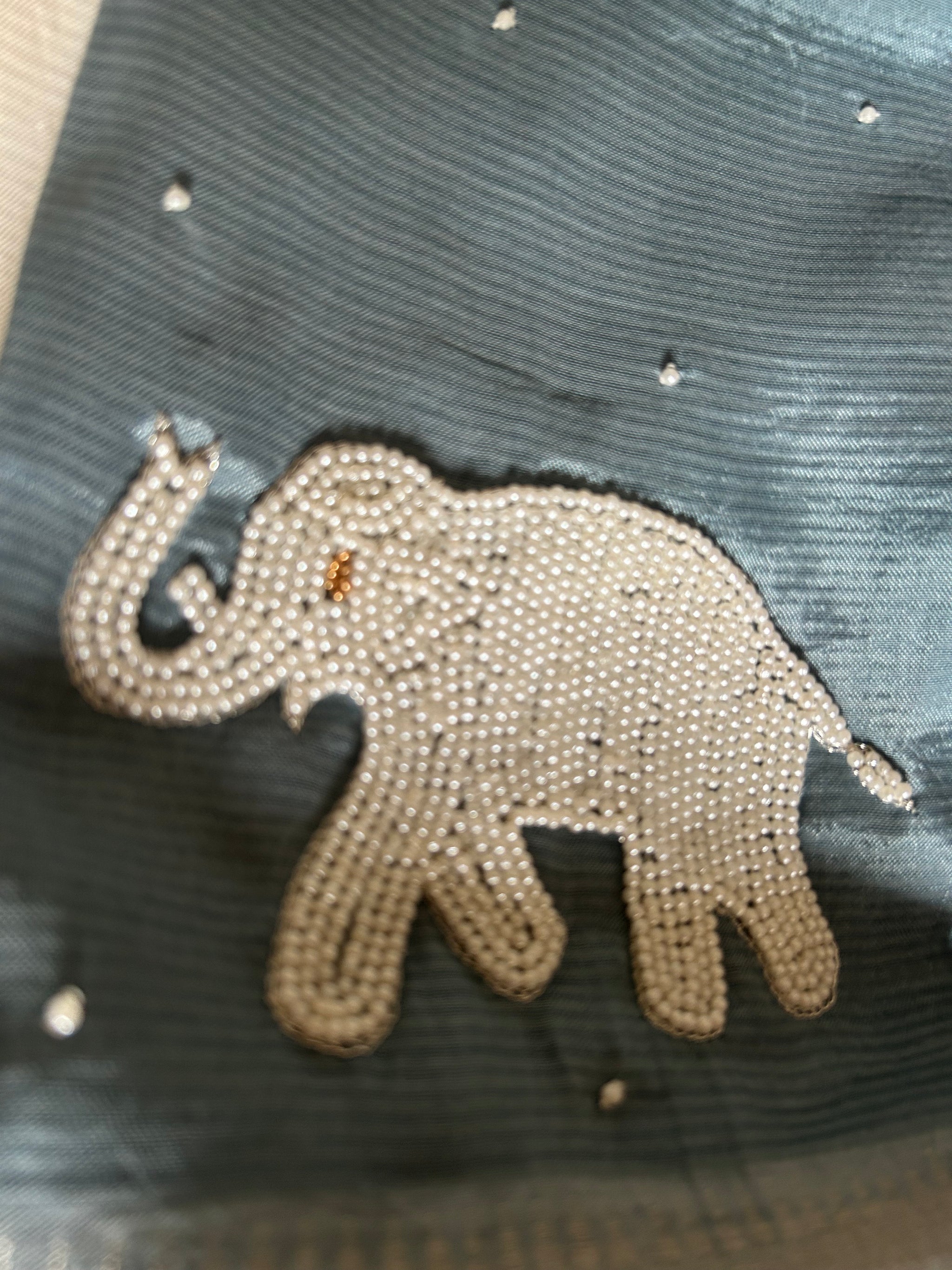 Steel Blue Half & Half Shibori Mangalagiri Pattu Saree β Pearl-Work Elephant Blouse