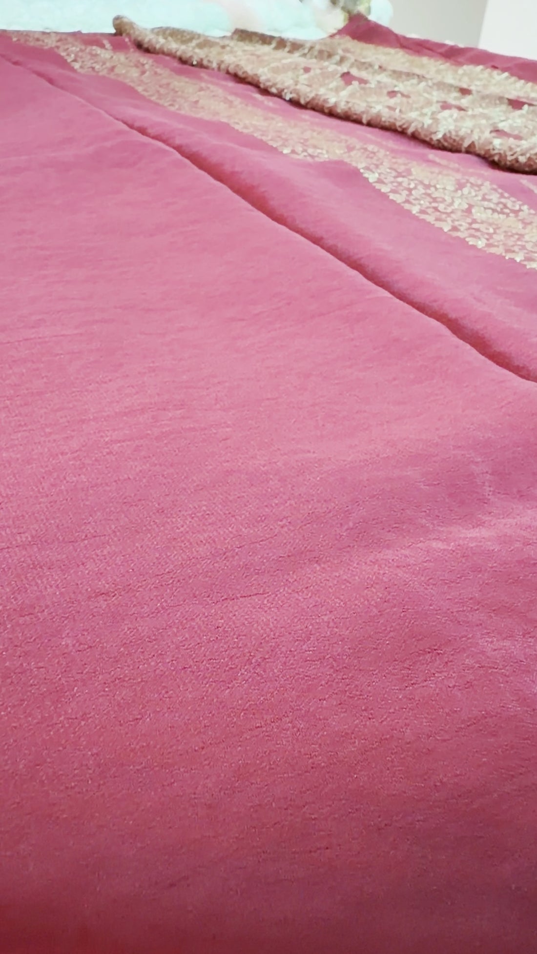 Brick Red Khaddi Crepe Saree — Gold Zari Jaal