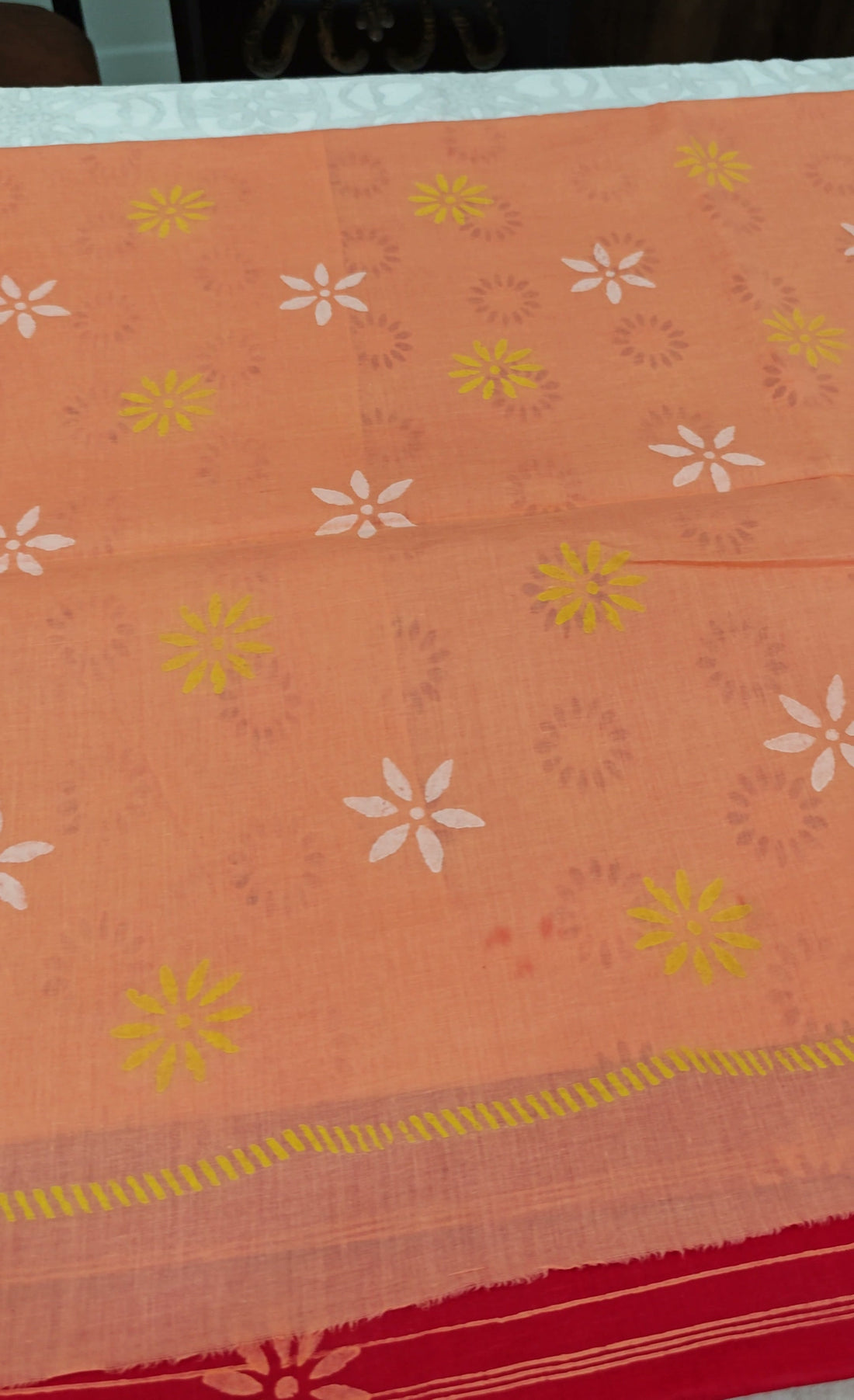 Coral Red Cotton Block-Print Saree
