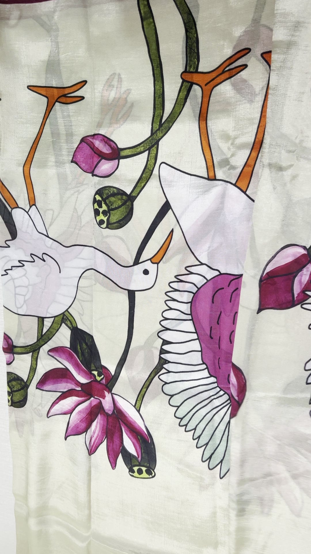 Cream Mangalagiri Saree — Kalamkari Crane Digital Print