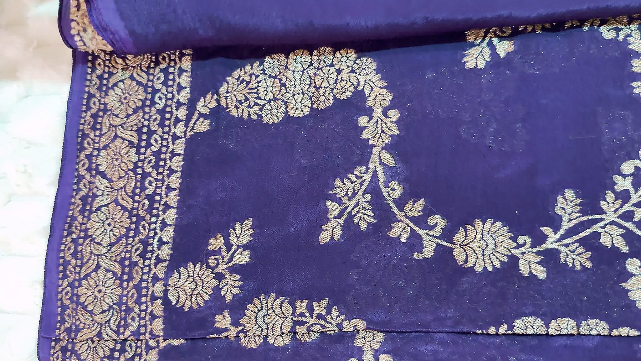 Violet Khaddi Crepe Saree — Gold Zari Jaal