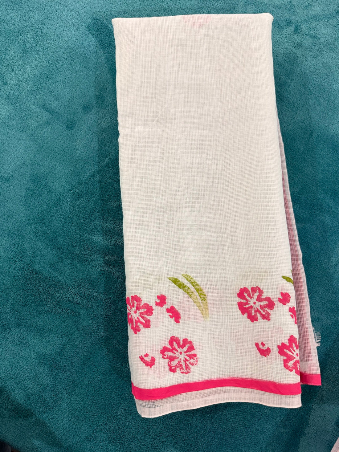 Light Sea Blue Kota Saree — Block-Painted Pink Floral