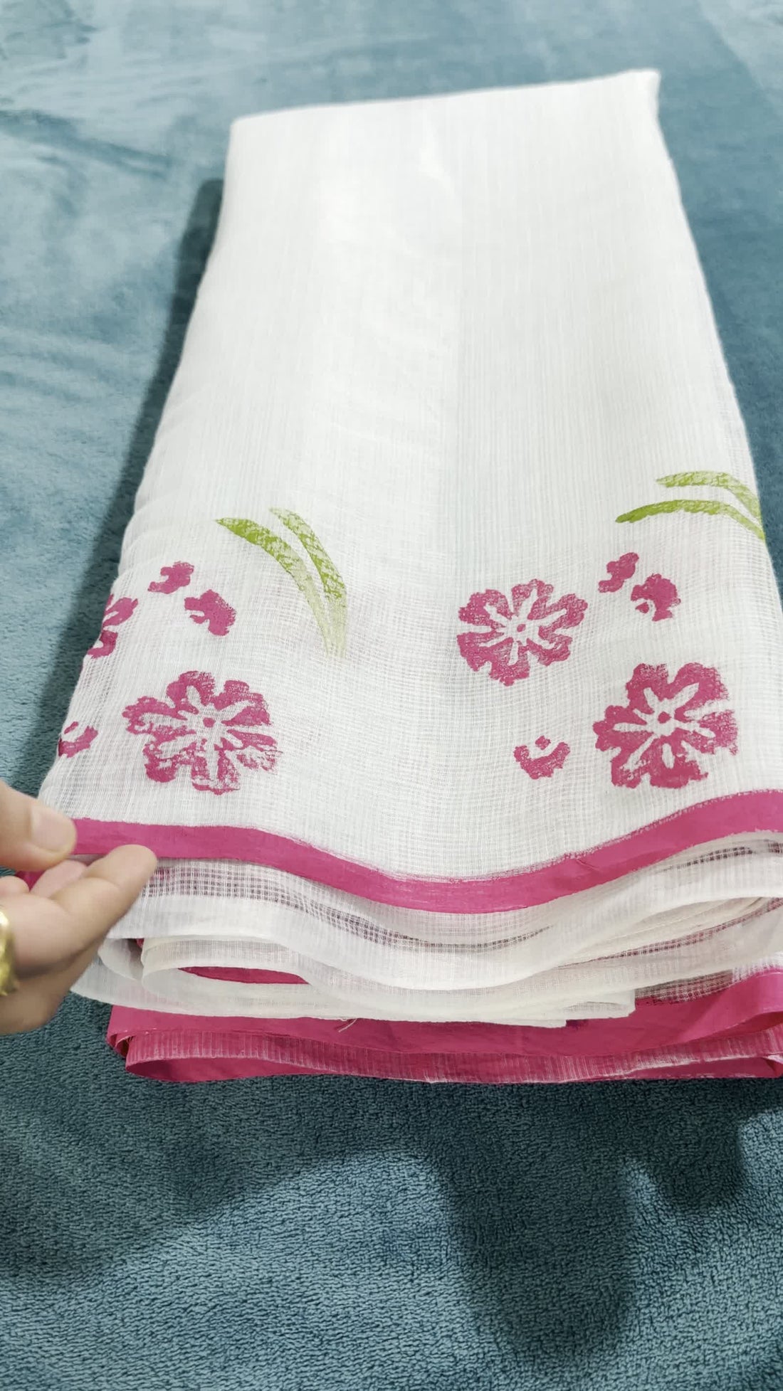 Light Sea Blue Kota Saree — Block-Painted Pink Floral