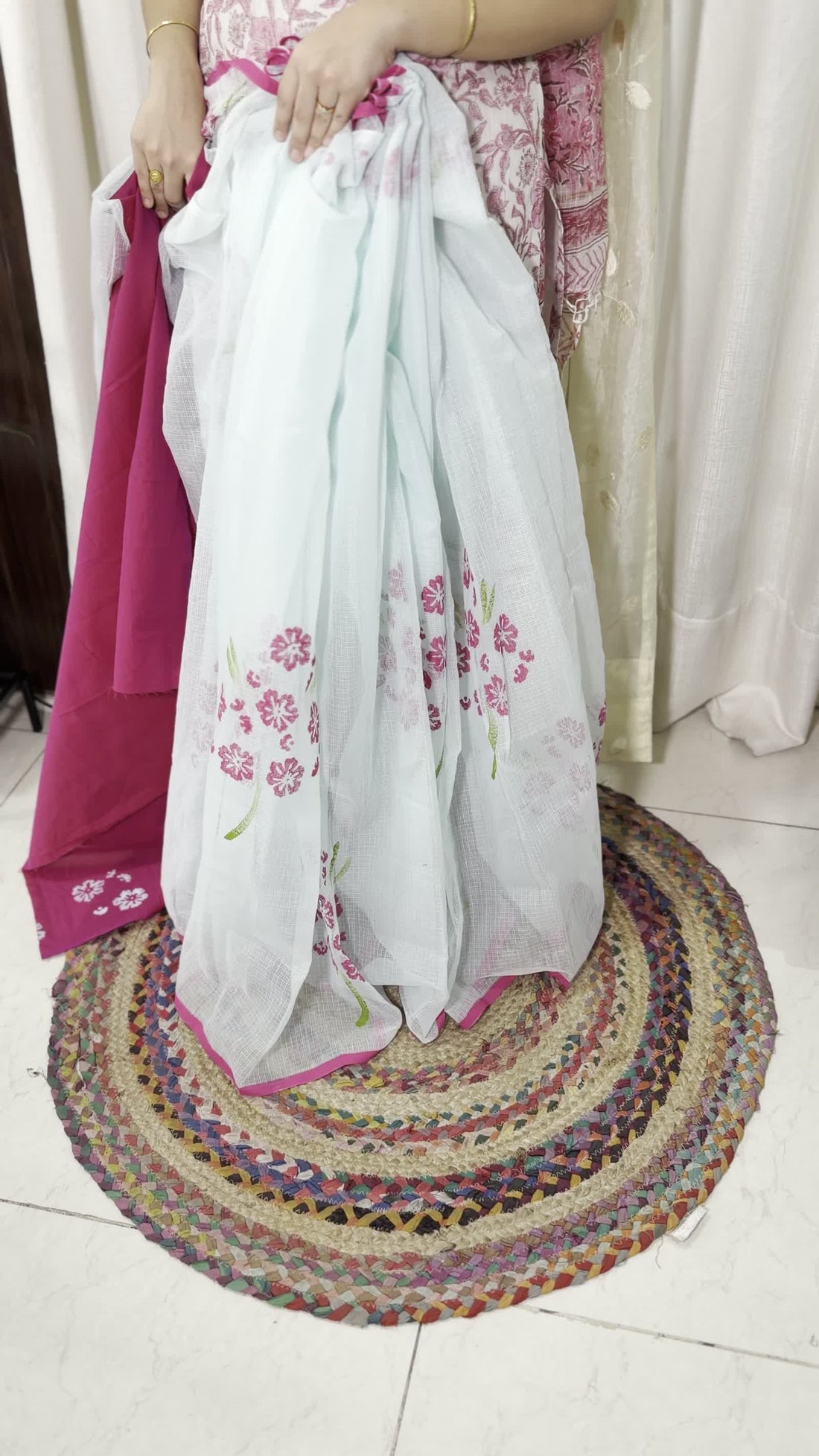 Light Sea Blue Kota Saree — Block-Painted Pink Floral