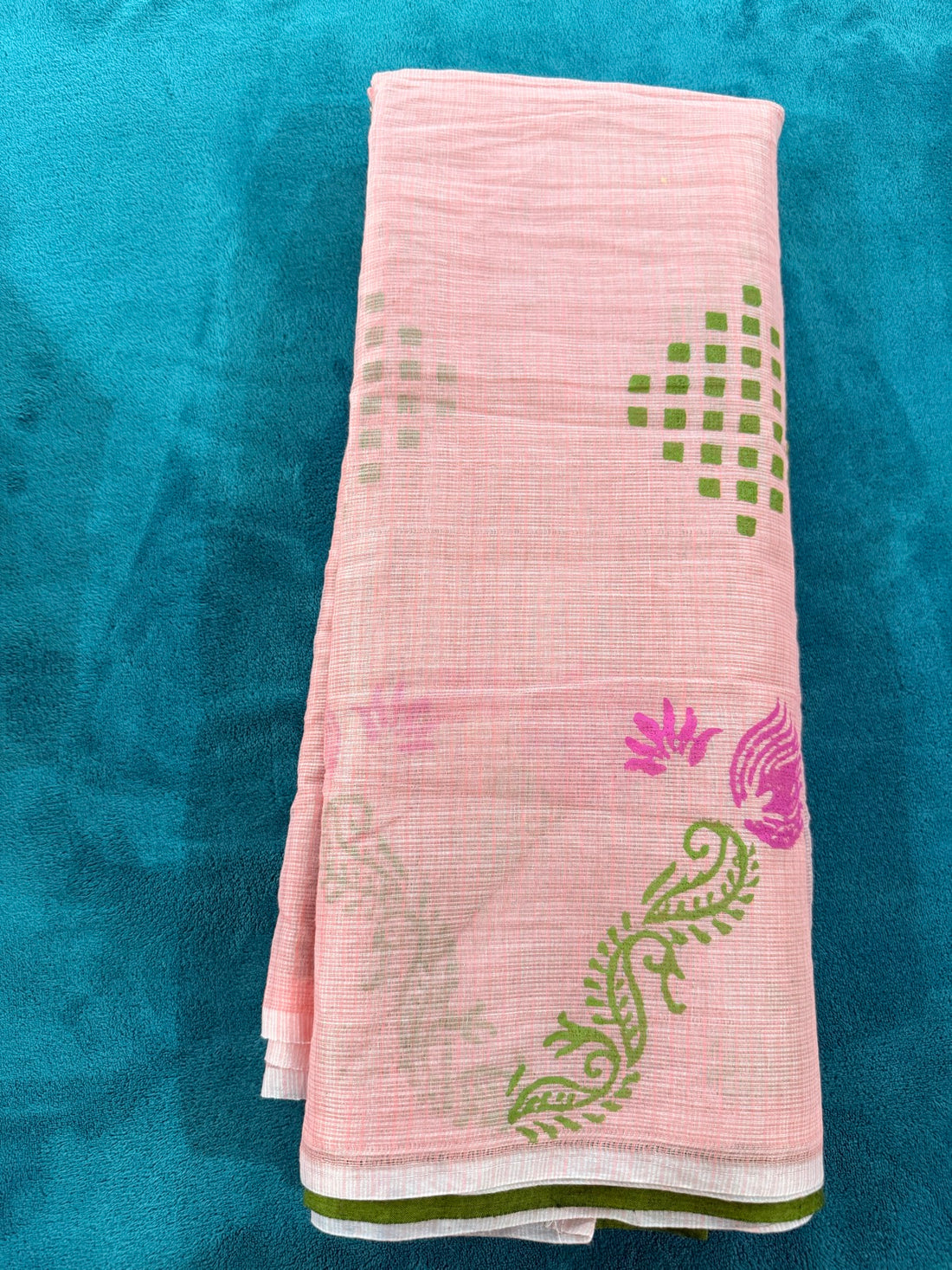 Pink Kota Saree — Block-Painted Lotus & Floral