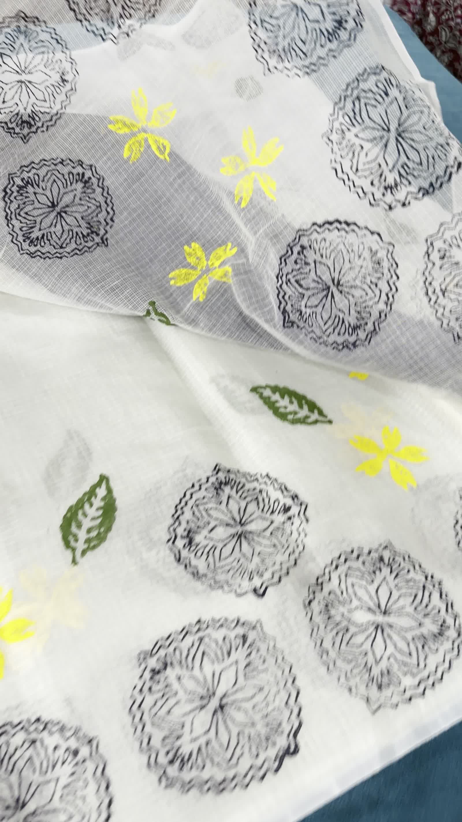 Light Lemon Yellow Kota Saree — Block-Painted Navy Blue Medallion