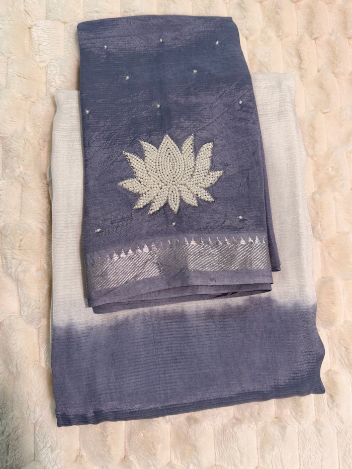 Dusty Lavender Mangalagiri Pattu Saree — Half & Half Shibori with Pearl-Work Lotus Blouse