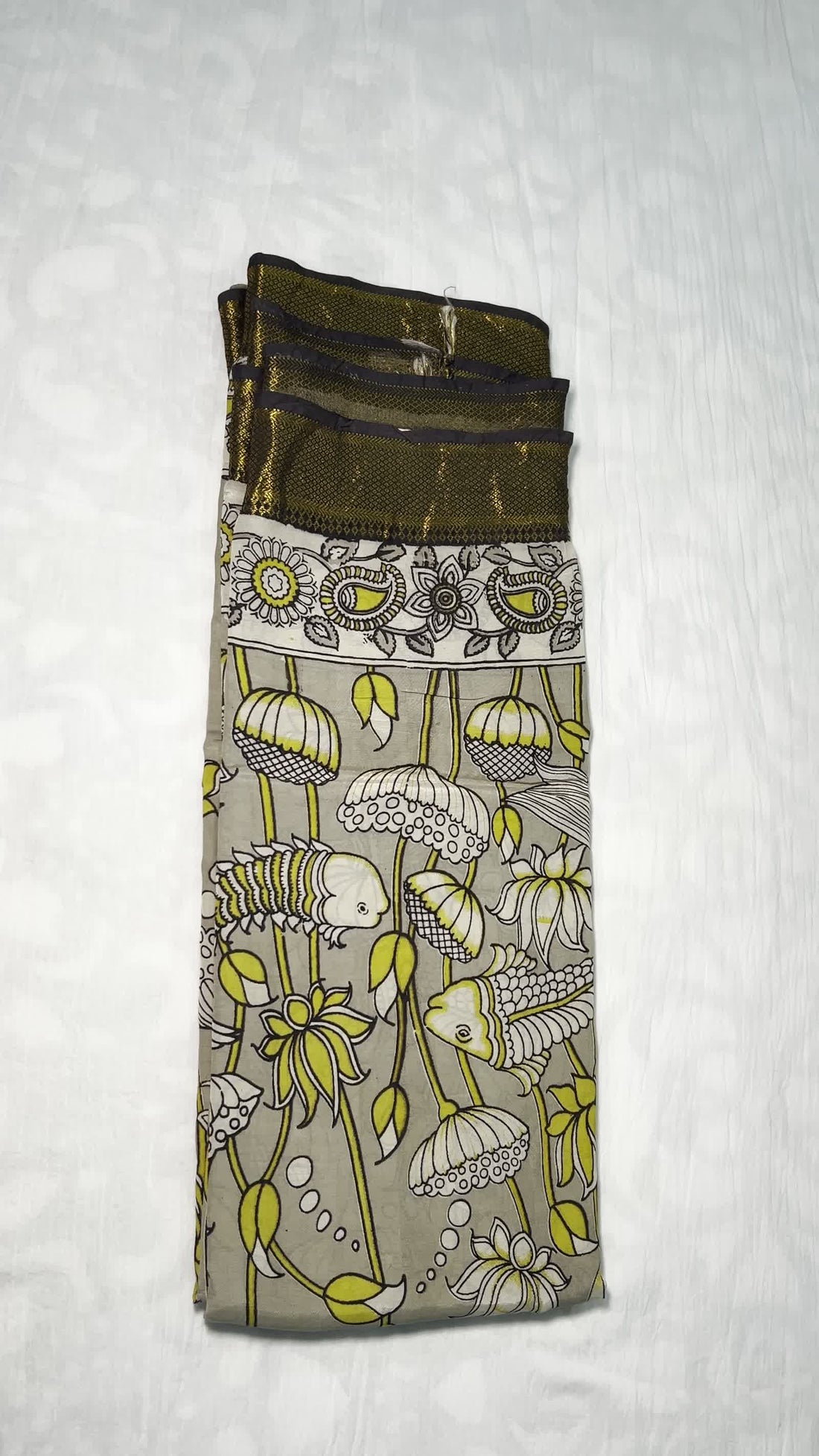 Sage Green Kalamkari Saree — Nizam Zari Border