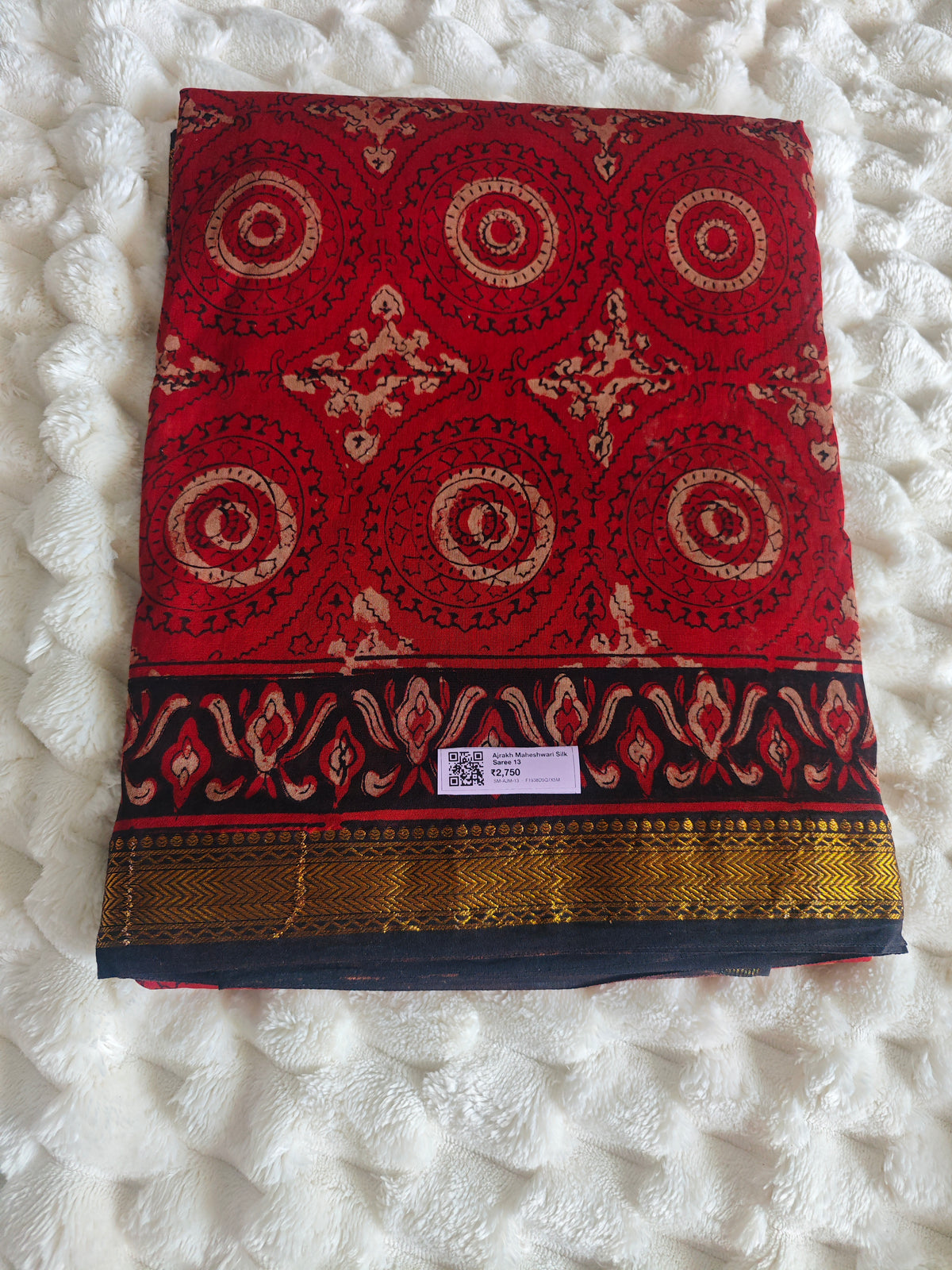 Ajrakh Print Maheshwari Silk Saree — Red & Black 13