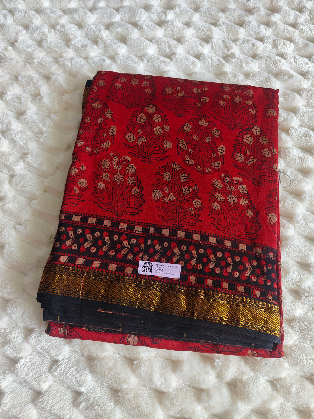 Ajrakh Print Maheshwari Silk Saree — Red & Black 17