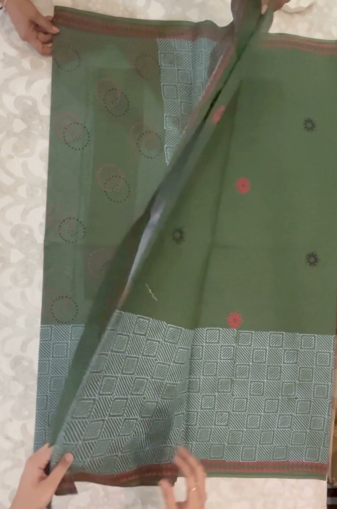 Sage Green Cotton Block-Print Saree