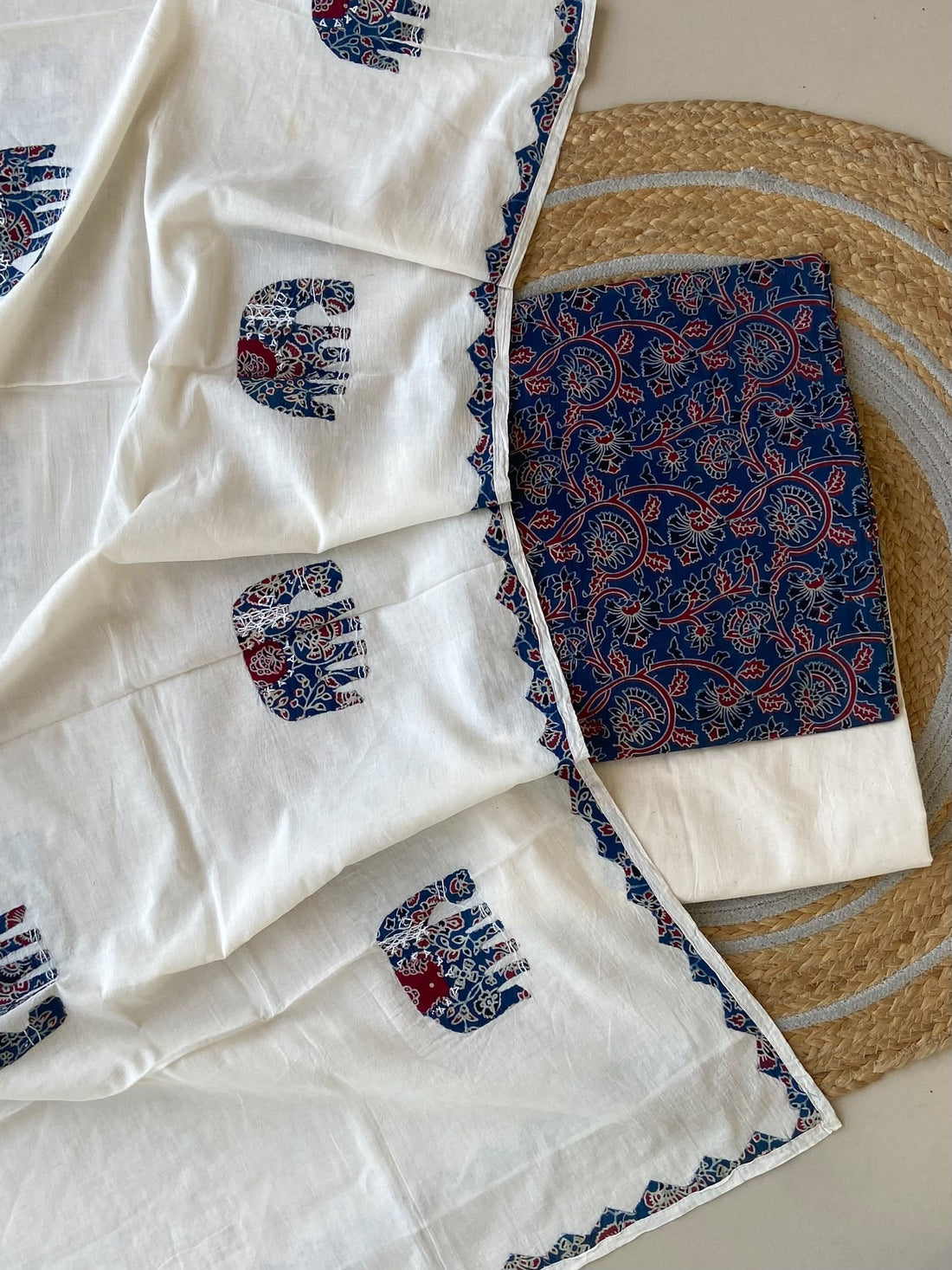 Ivory Elephant Appliqué Dupatta Suit — 3-Piece with Indigo Ajrakh Top