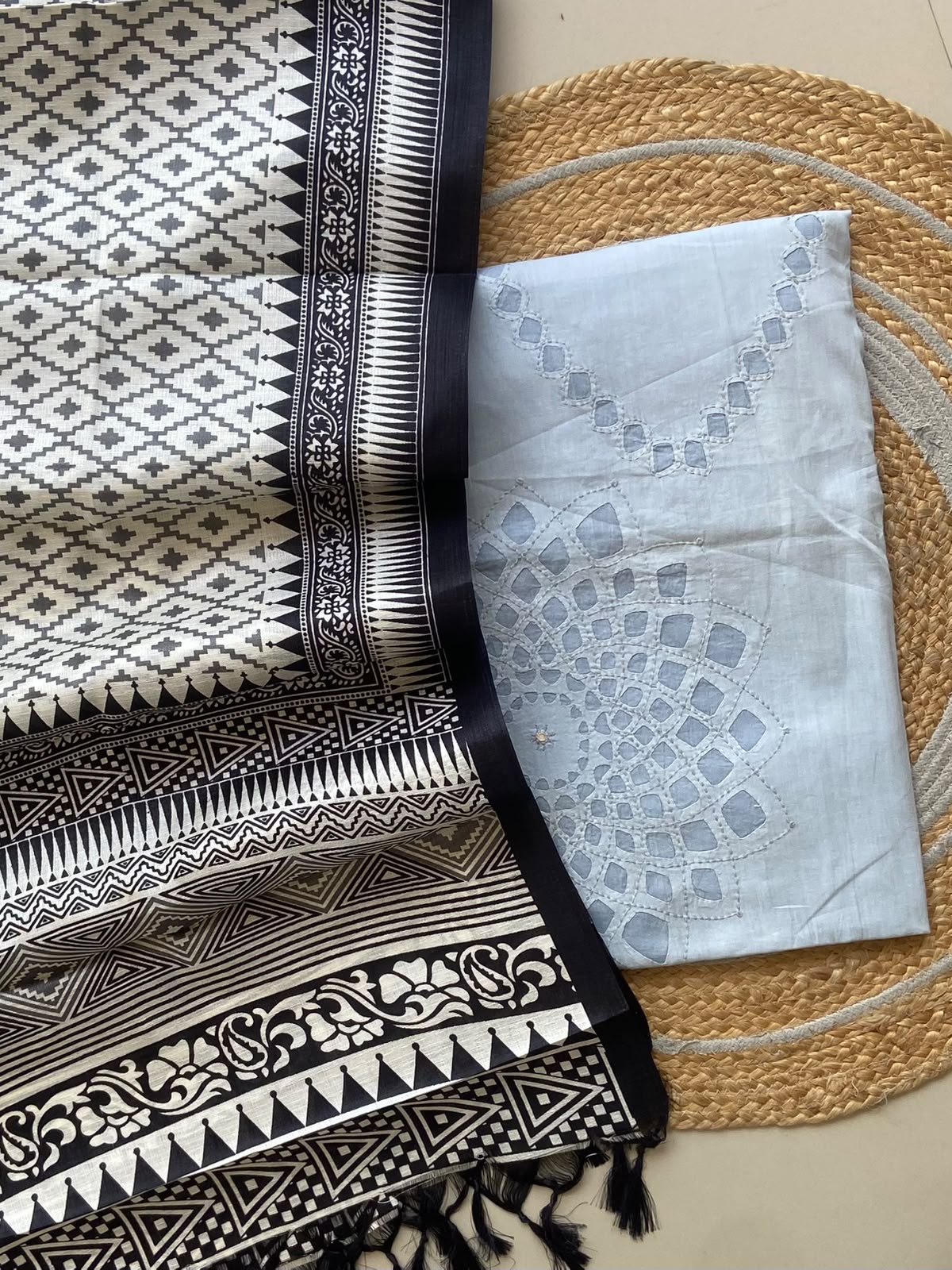 Pale Blue Cutwork Cotton Kurti with Black and White Dola Dupatta — 2-Piece Unstitched Set