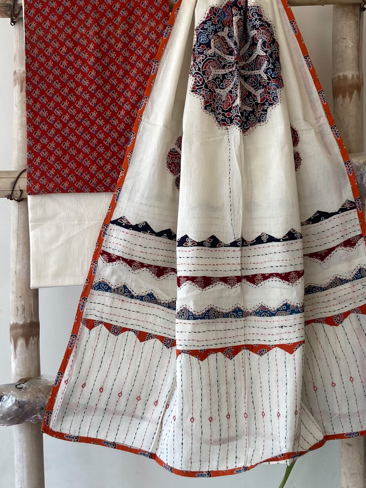 Ivory Ajrakh Medallion Appliqué Kantha Dupatta Suit — 3-Piece with Red Top