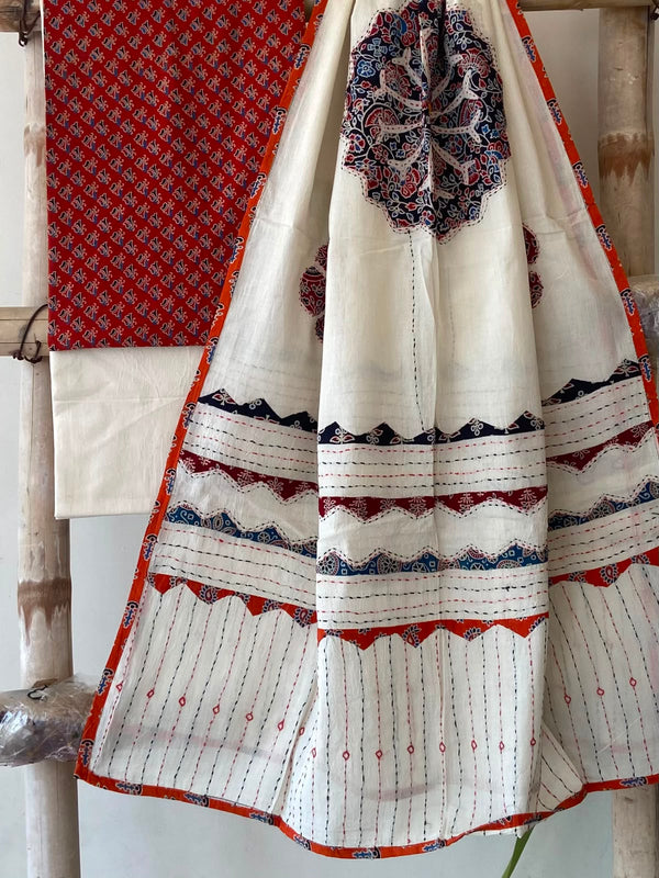 Ivory Ajrakh Medallion Appliqué Kantha Dupatta Suit — 3-Piece with Red Top