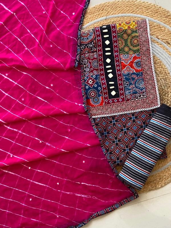 Magenta Leheriya Chiffon Dupatta Suit — 4-Piece with Mirror Work Yoke