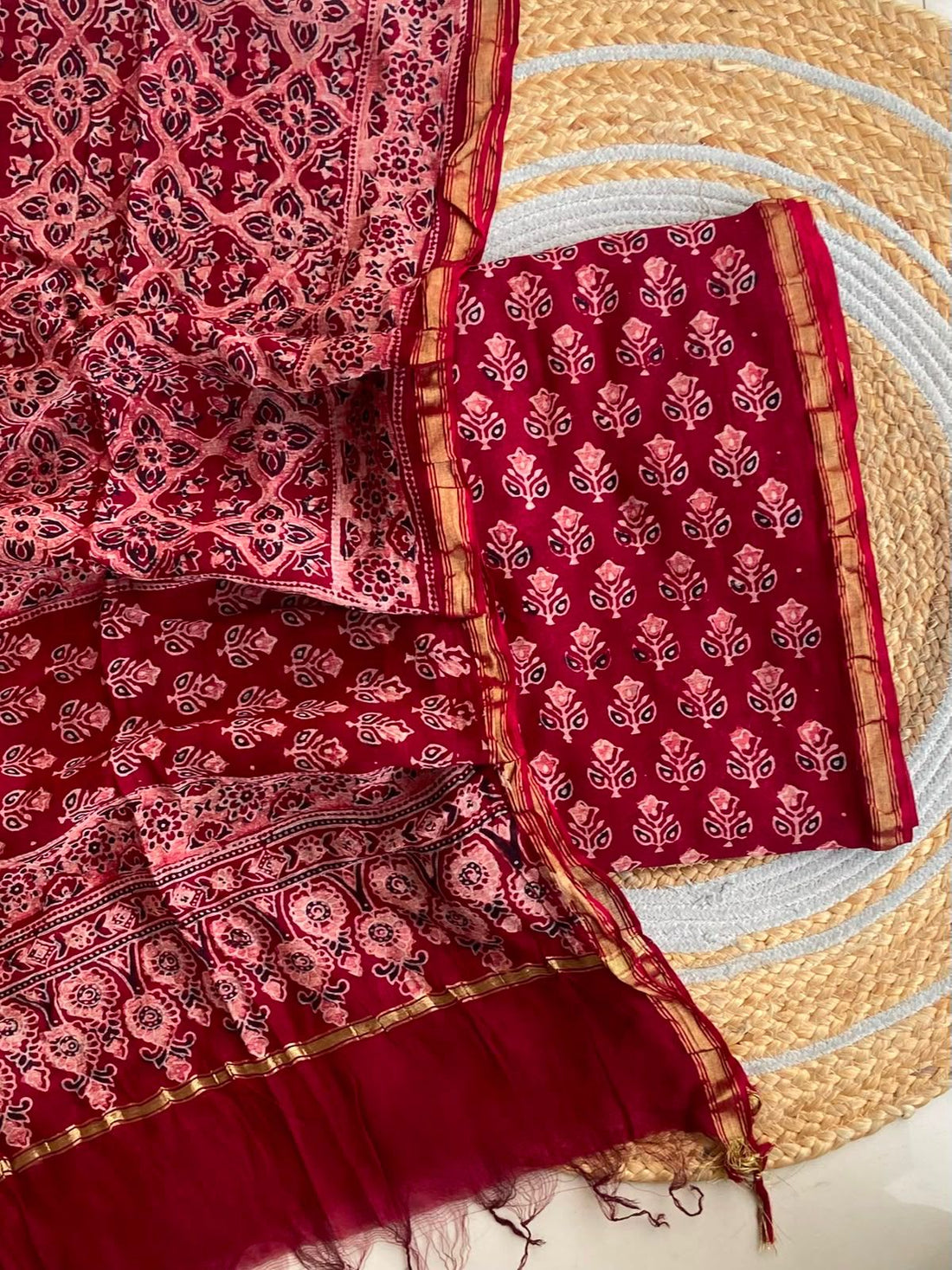 Crimson Ajrakh Chanderi Set — 2-Piece with Gold Zari Border