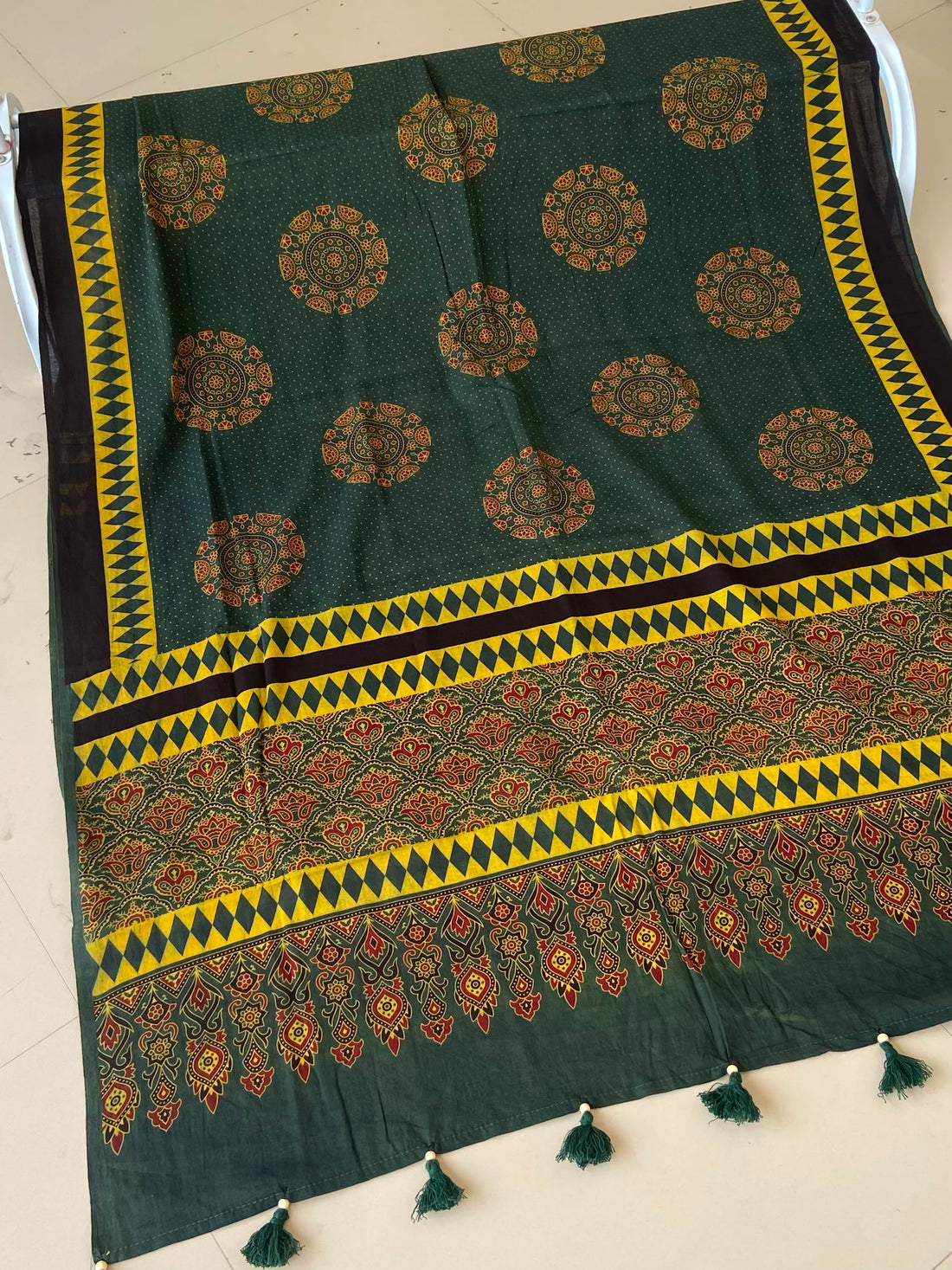 Dark Green Ajrakh Mul Cotton Dupatta — Mustard Medallions