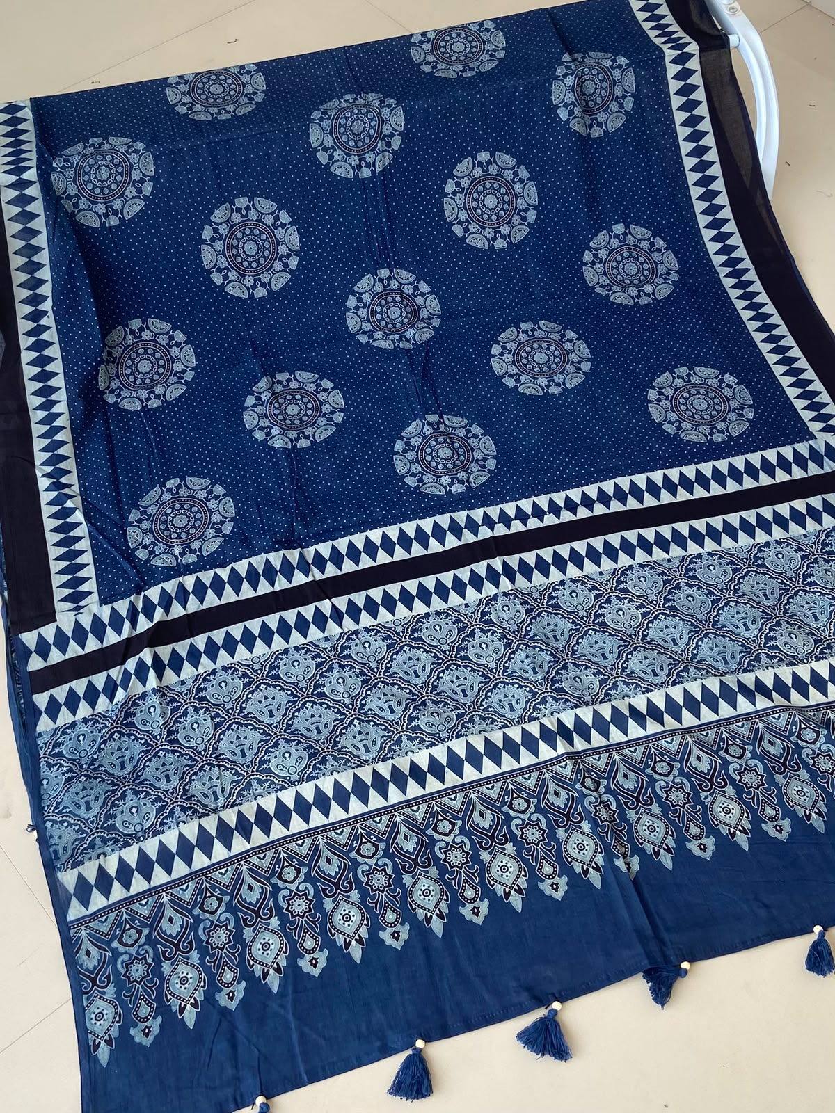 Indigo Ajrakh Mul Cotton Dupatta — Blue Tassels