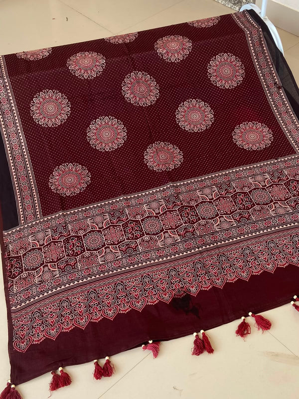 Maroon Ajrakh Mul Cotton Dupatta — Cream Medallions