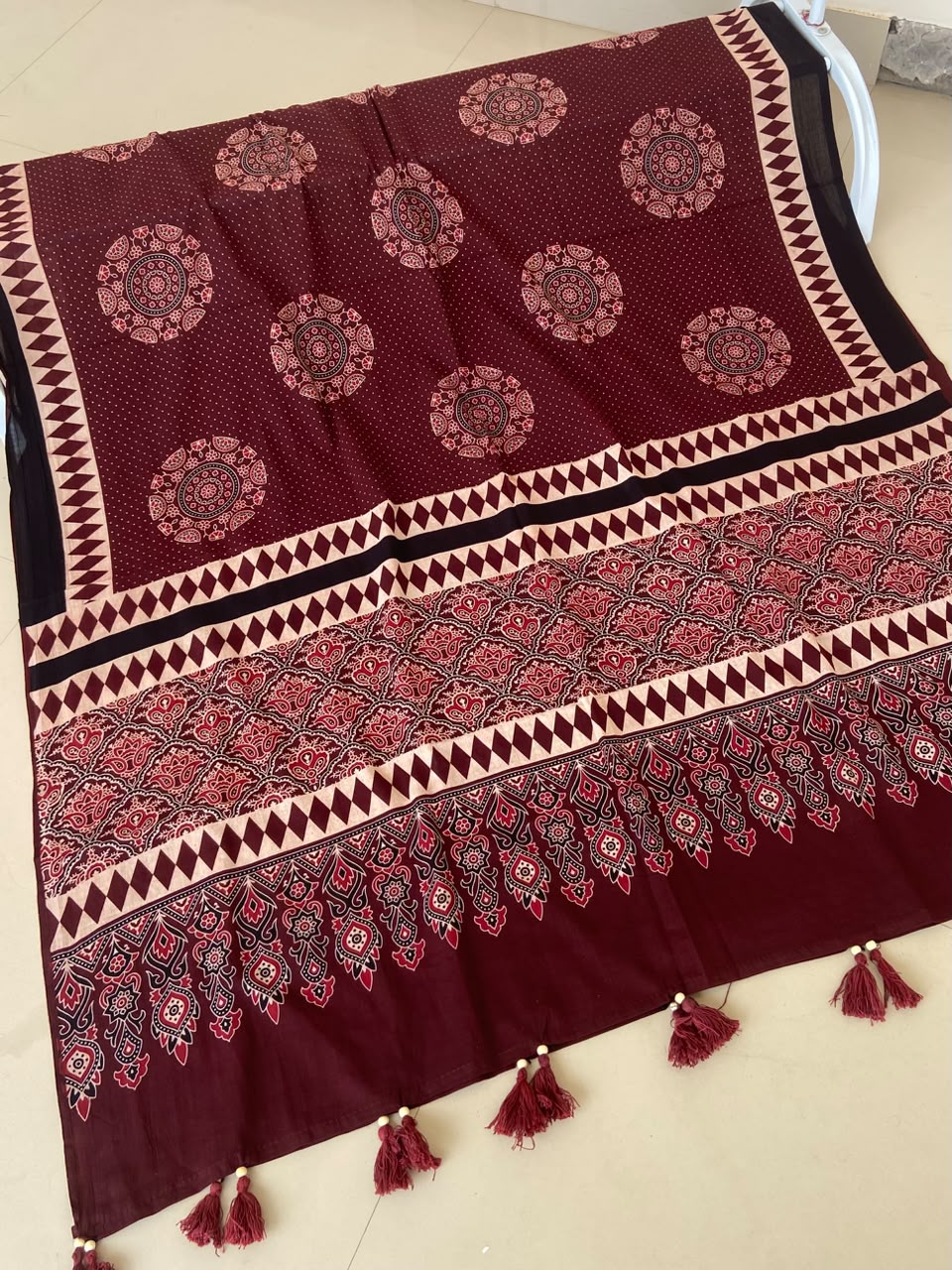 Maroon Ajrakh Mul Cotton Dupatta — Diamond Bands