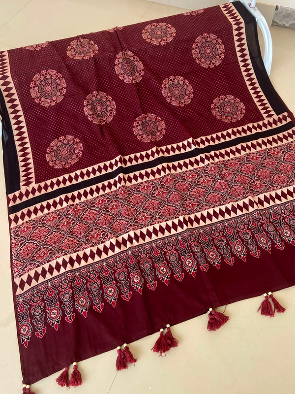 Maroon Ajrakh Mul Cotton Dupatta — Diamond Bands