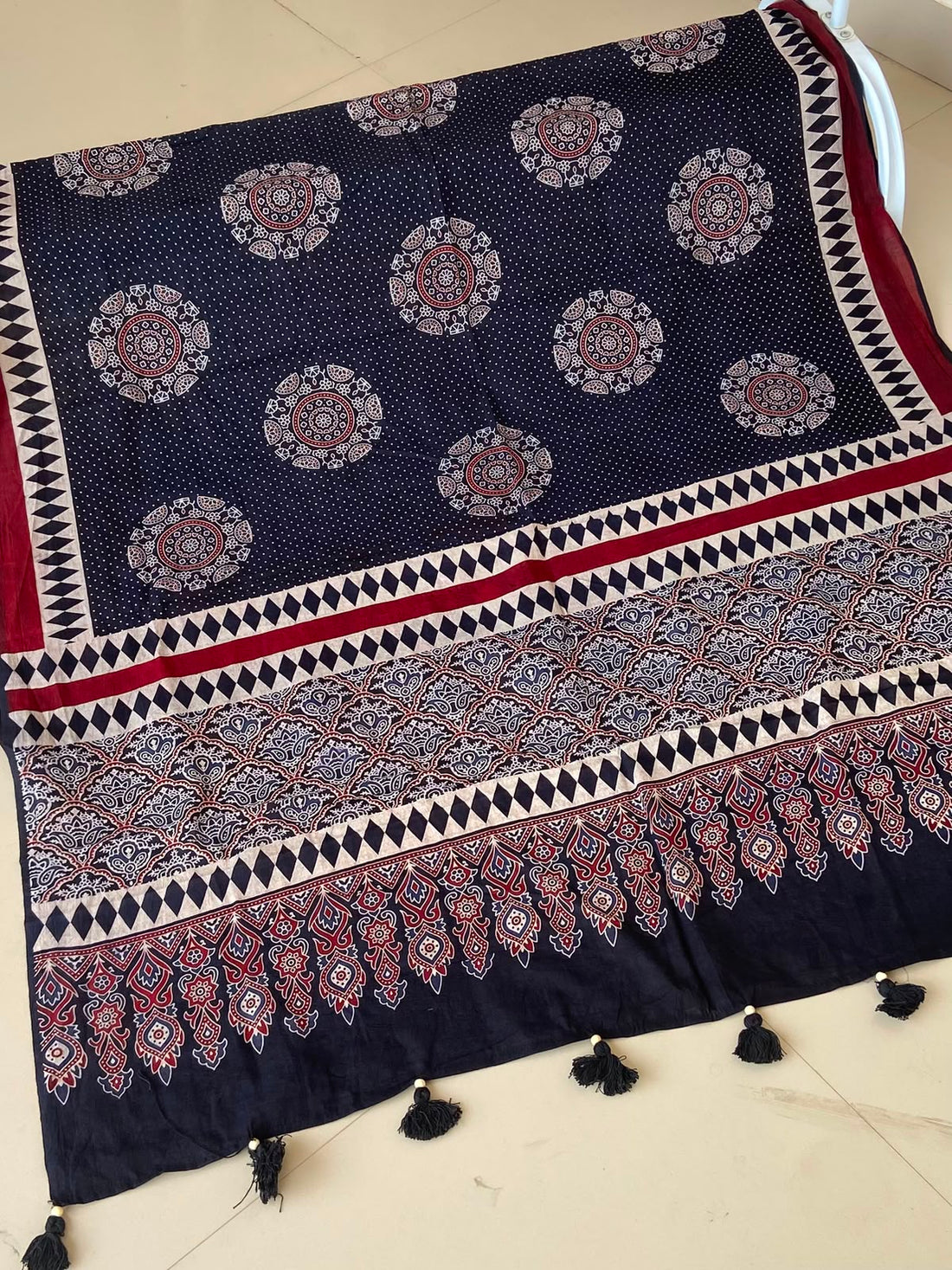Navy Ajrakh Mul Cotton Dupatta — Black Tassels