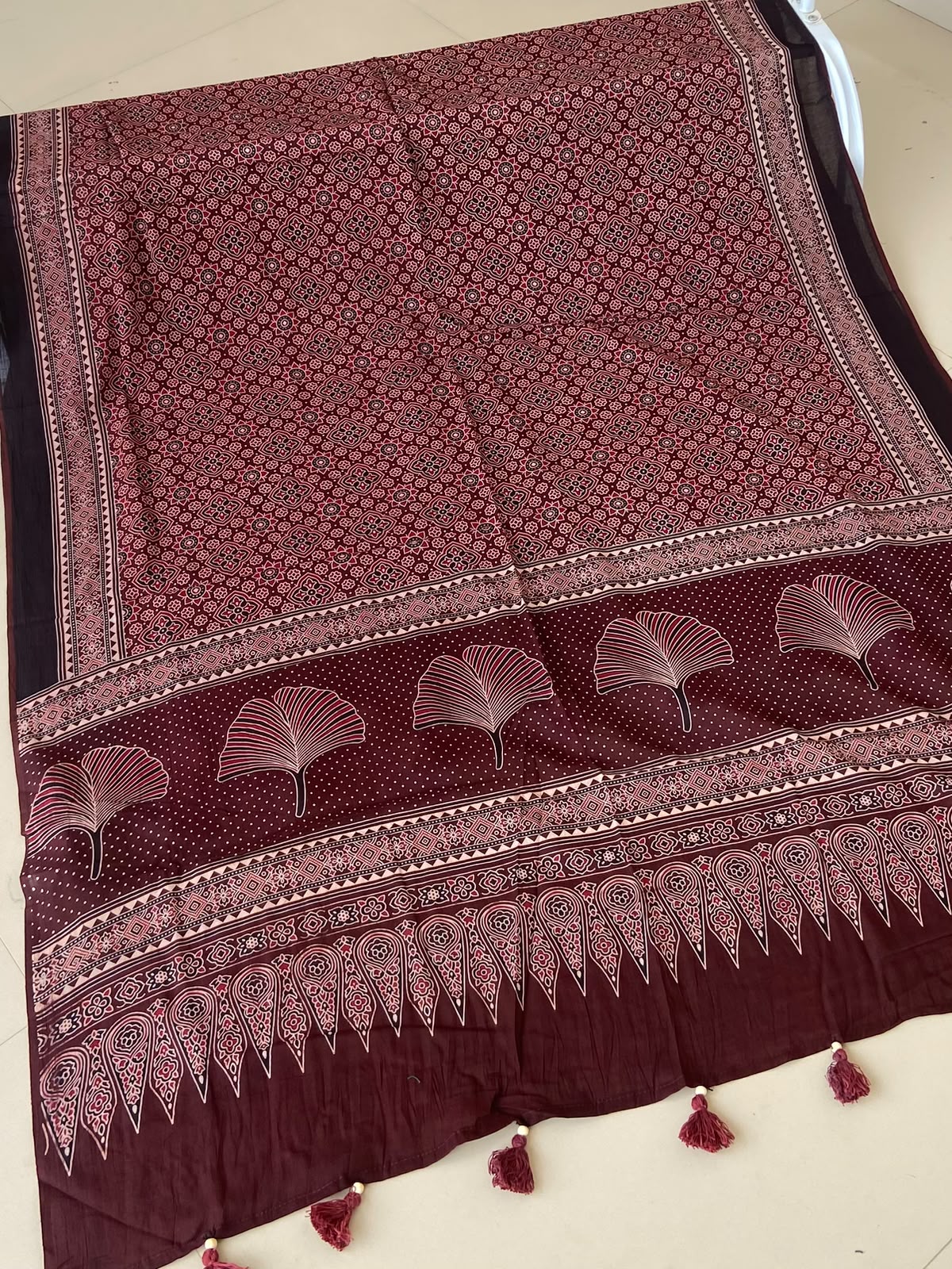 Dusty Rose Ajrakh Mul Cotton Dupatta — Lotus Fan Border