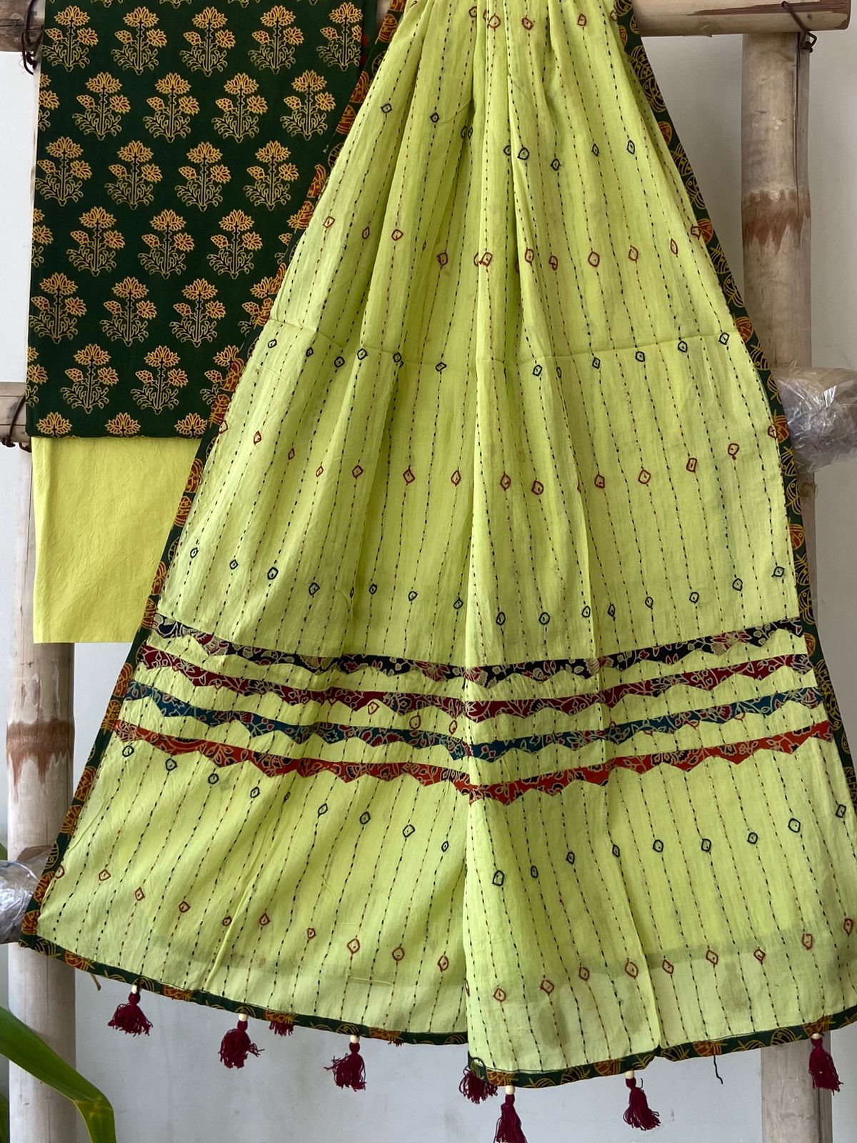 Bottle Green Ajrakh Print Cotton Suit — 3-Piece with Lime Hand-Kantha Dupatta
