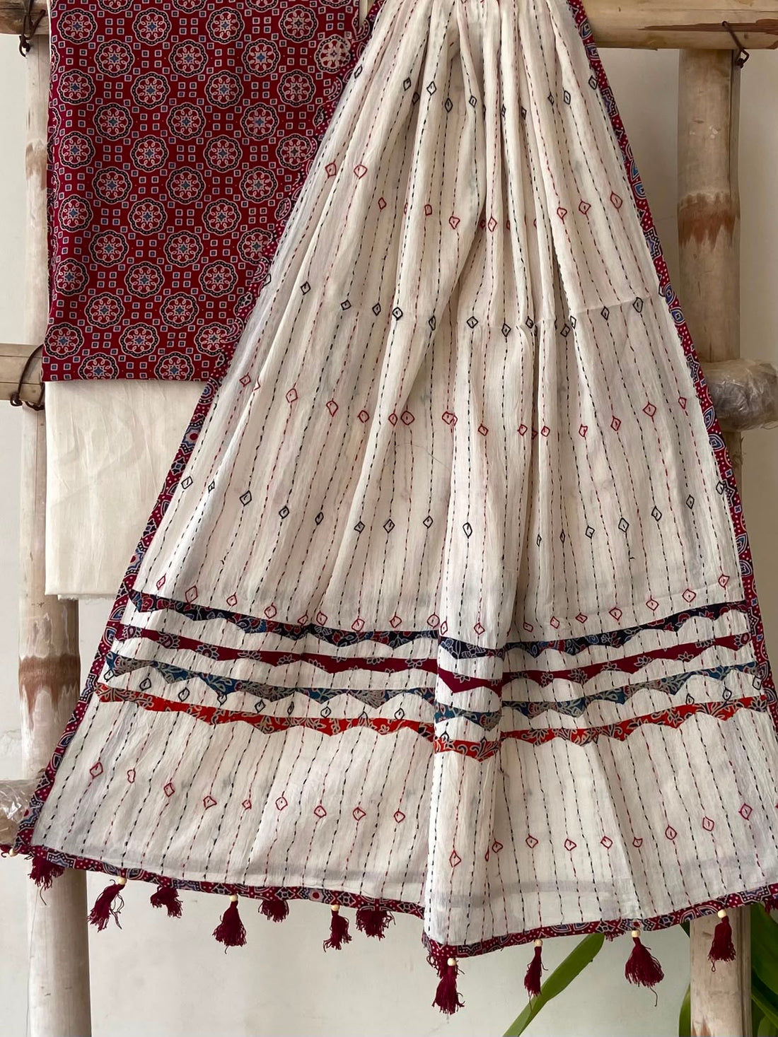 Deep Maroon Ajrakh Print Cotton Suit — 3-Piece with Hand-Kantha Ivory Dupatta