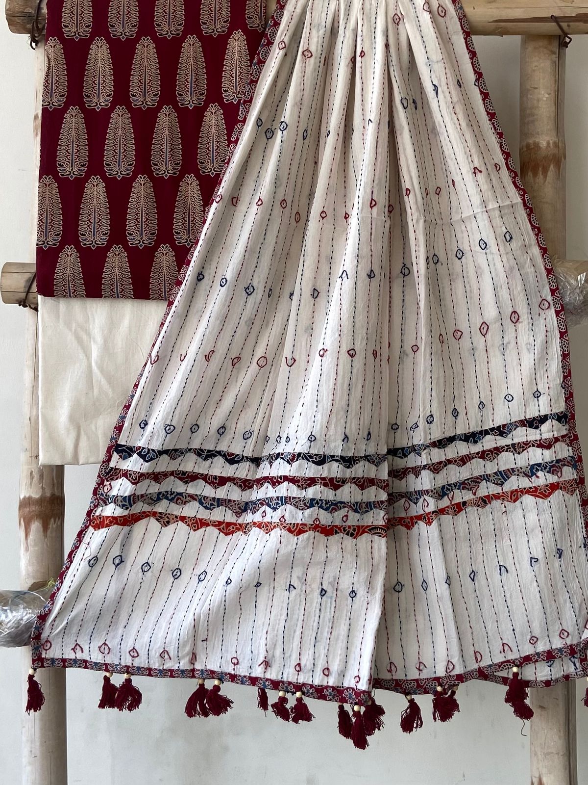 Maroon Ajrakh Print Cotton Suit — Cream Leaf Buti, 3-Piece with Hand-Kantha Ivory Dupatta