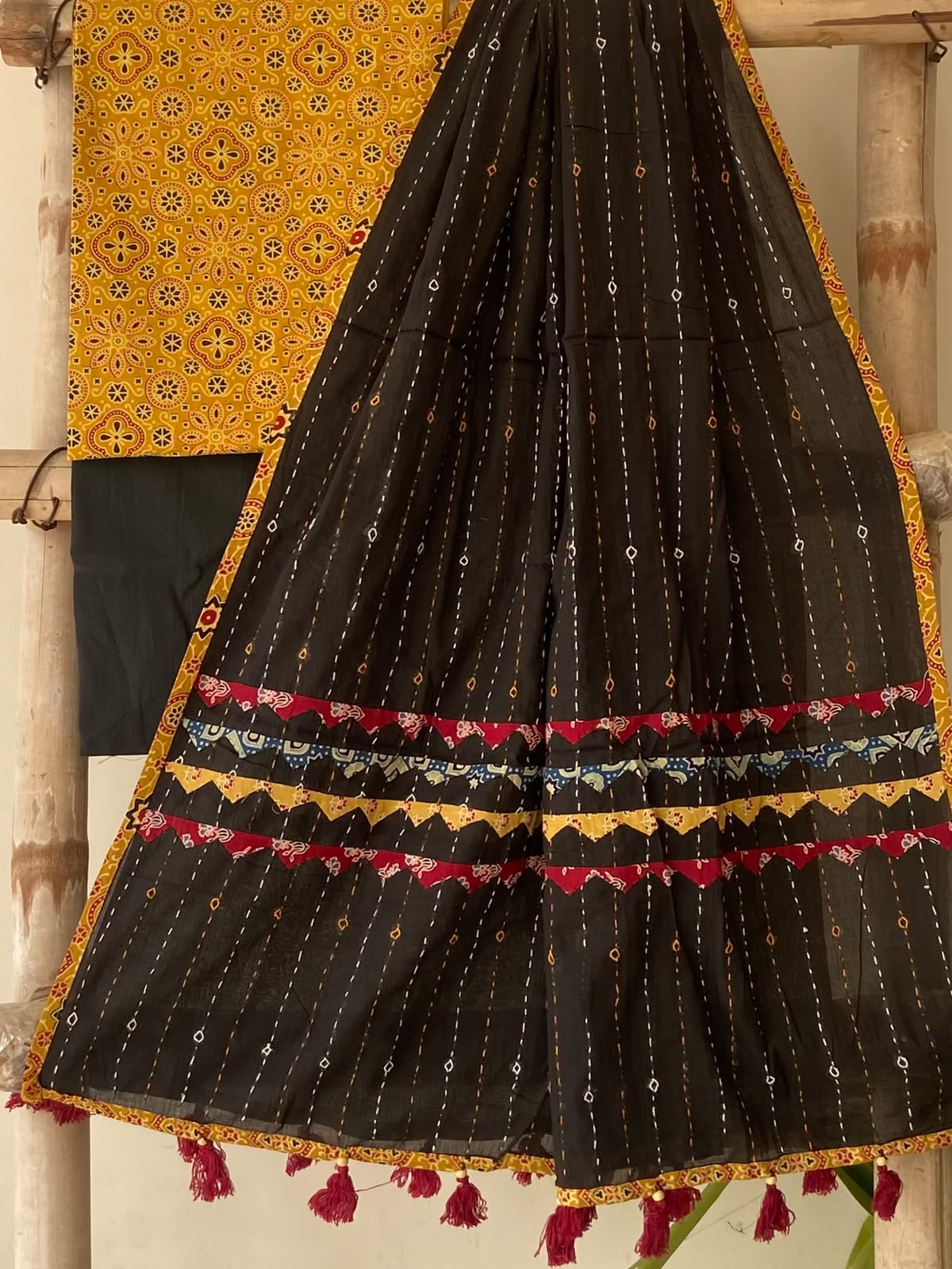 Marigold Ajrakh Print Cotton Suit — Medallion Jaal, 3-Piece with Dark Brown Hand-Kantha Dupatta