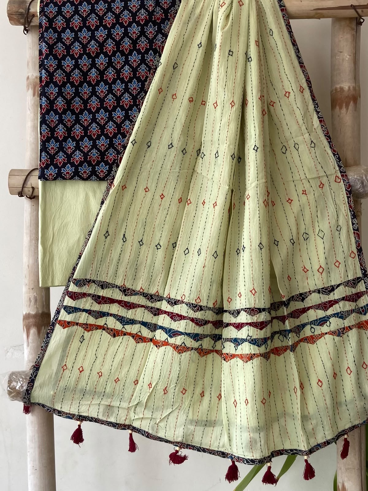 Navy Ajrakh Print Cotton Suit — 3-Piece with Pistachio Hand-Kantha Dupatta