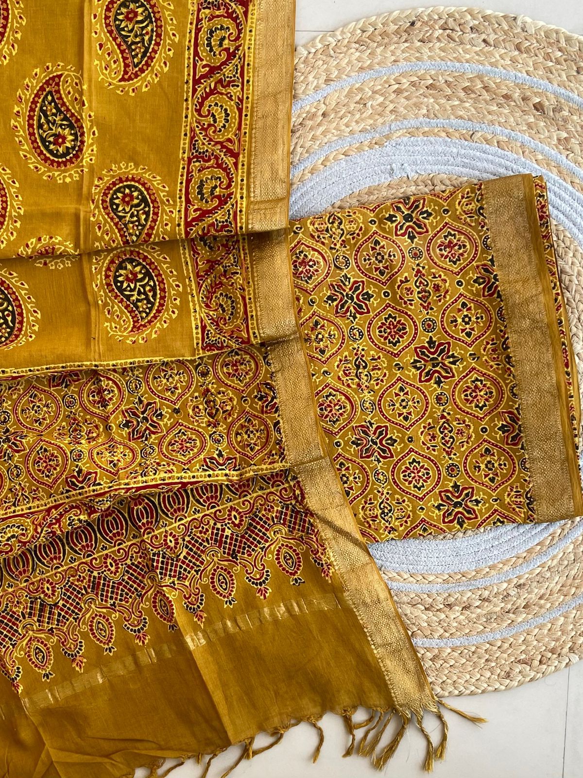 Mustard Gold Ajrakh Mangalagiri Cotton Set — 2-Piece with Zari Border Dupatta