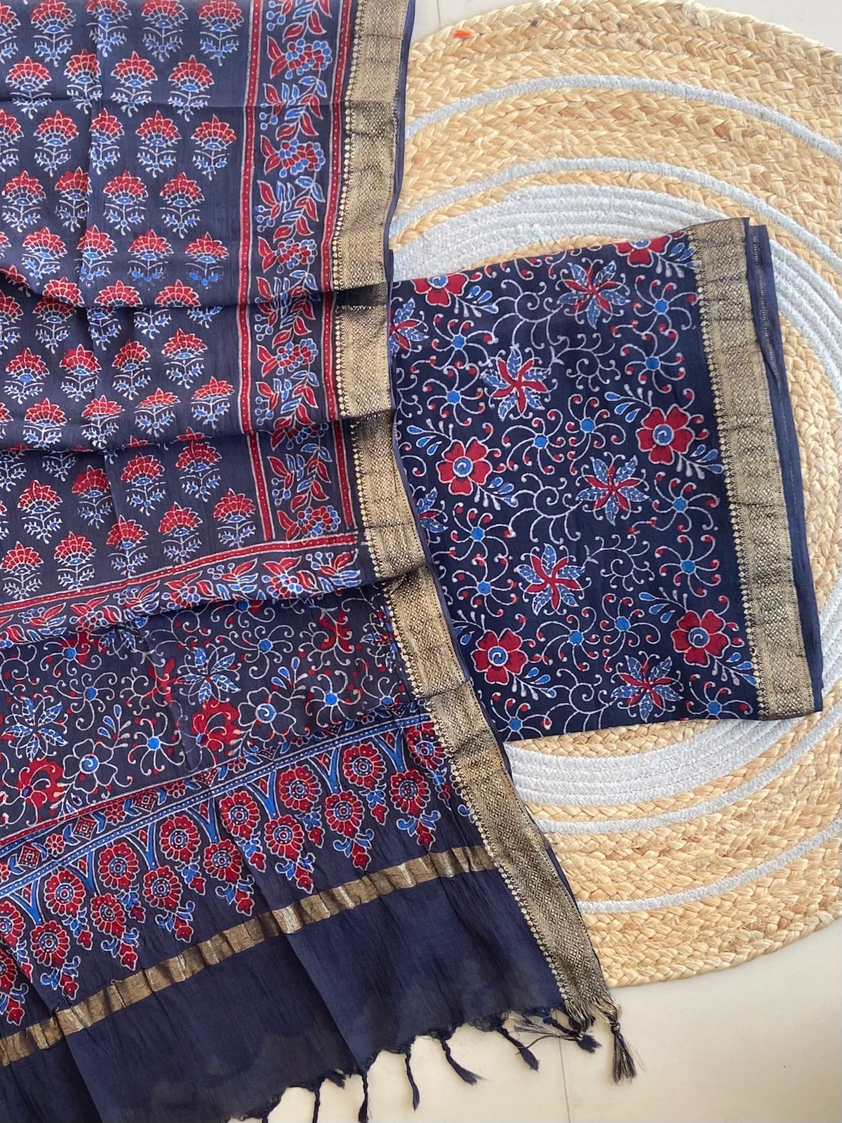 Navy Blue Ajrakh Mangalagiri Cotton Set — 2-Piece with Gold Zari Border Dupatta