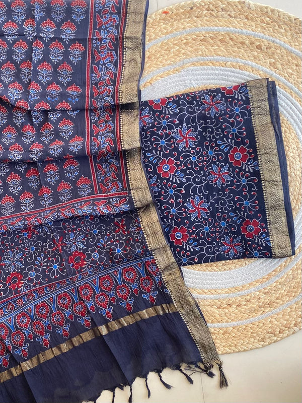 Navy Blue Ajrakh Mangalagiri Cotton Set — 2-Piece with Gold Zari Border Dupatta