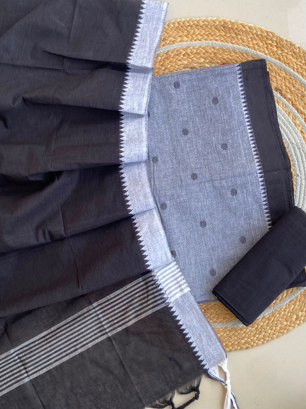 Charcoal Handloom South Cotton Suit — 3-Piece with Blue Grey Blouse and Temple Border