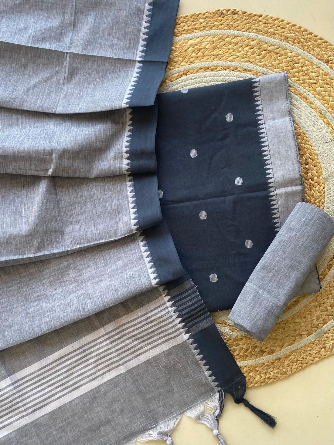 Grey Handloom South Cotton Suit — 3-Piece with Navy Blouse and Temple Border