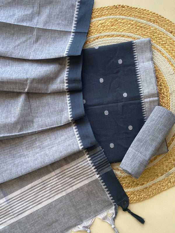 Grey Handloom South Cotton Suit — 3-Piece with Navy Blouse and Temple Border