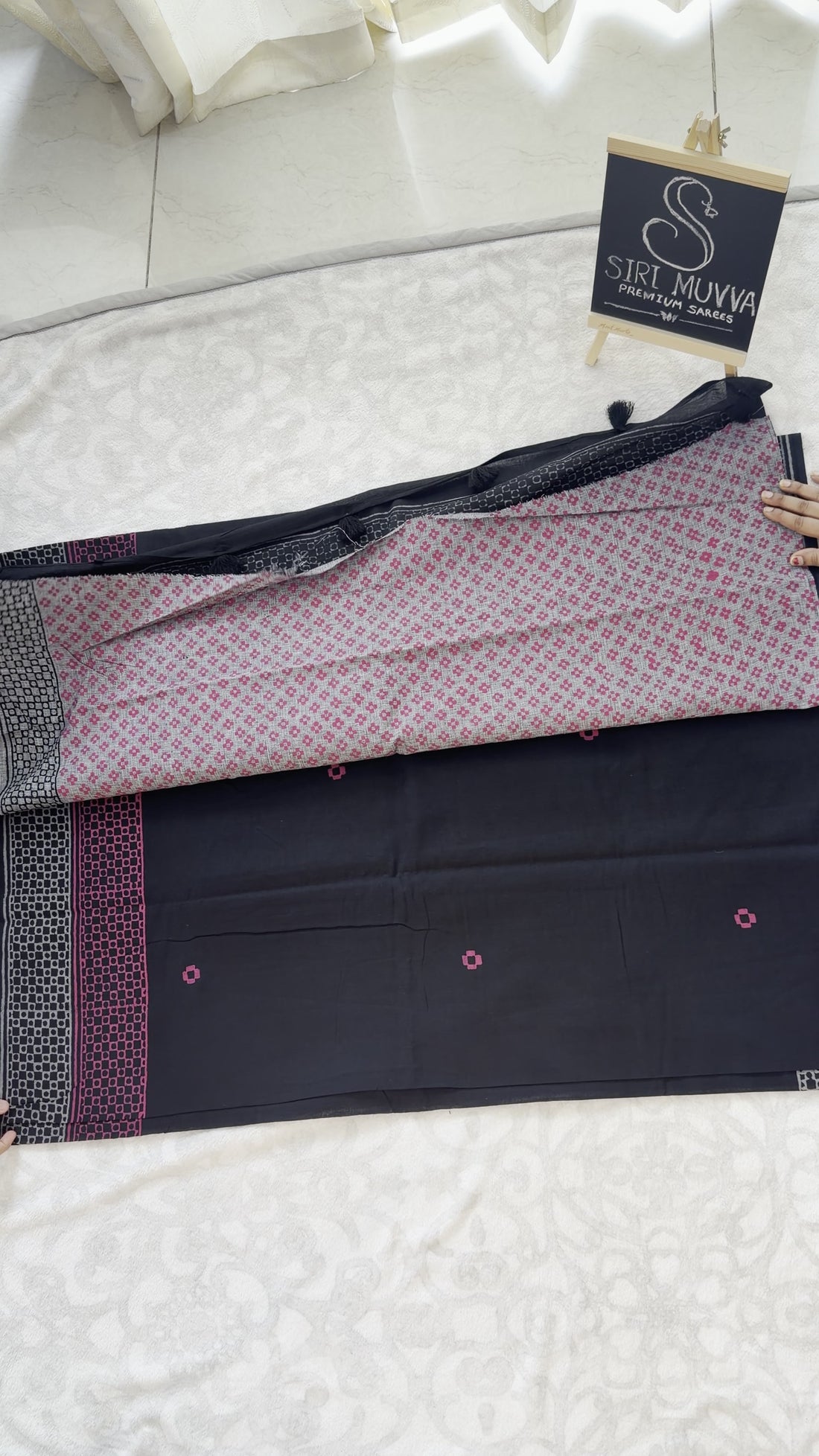 Black Mulmul Cotton Saree — Pink Block-Print Border